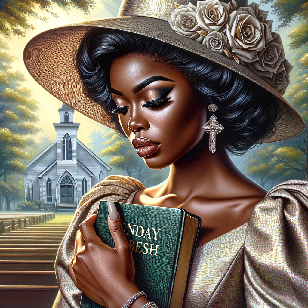 Render an airbrush oil painting of an African American woman with flawless makeup in a
contemplative pose, holding a Bible close to her heart, dressed in an elegant Sunday Best
outfit with a distinctive Church Hat. The background features a peaceful church garden,
with light filtering through the trees, highlighting her spiritual connection and the personal
moment of reflection. The artwork should capture the tranquility of the scene, the beauty
of her attire, and the depth of her contemplation, reflecting a serene and spiritually