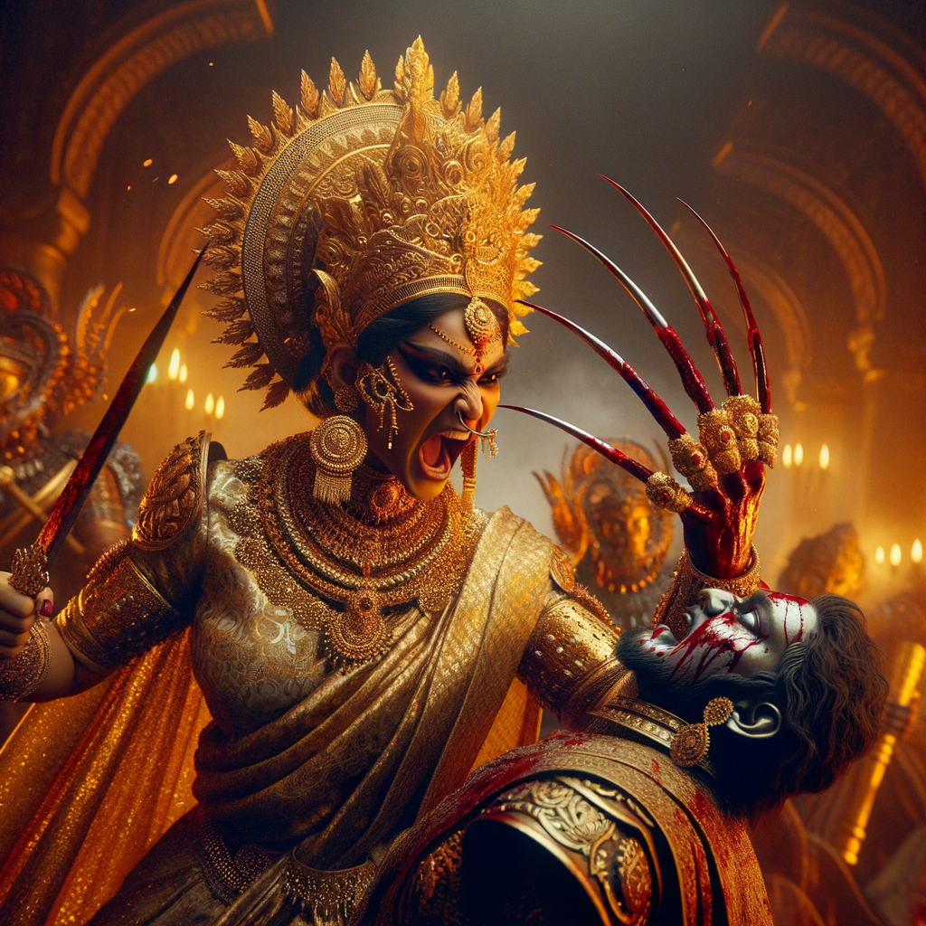 portrait of angry looking goddess durga  carrying a weak mahishasur in her arms and stabbing him with her amazingly long red fingernails. She is wearing gold armor, a huge gold crown, gold saree, abundant  gold jewelry, covered in blood. The scene is set in ancient India. The image is 8K resolution, cinematic, ultra detailed face and epic.