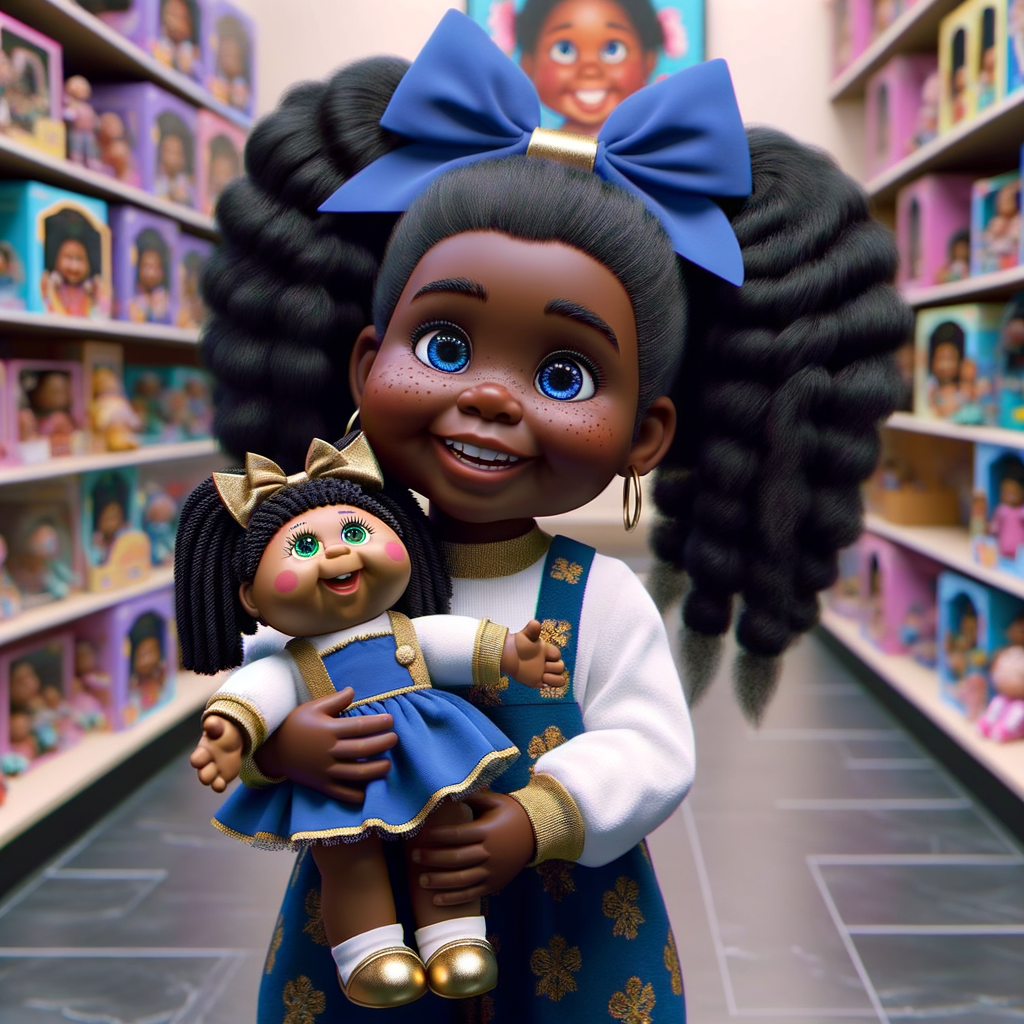 Create a 3-D image of an african-American little girl inside of a medium size, toy store. The little girl has thick long, ponytails and huge blue eyes. She has on a gold and blue jumpsuit with matching bows, She is playing with her favorite african-American cabbage patch doll, the doll has deep, dimples, and freckles and looks just like her