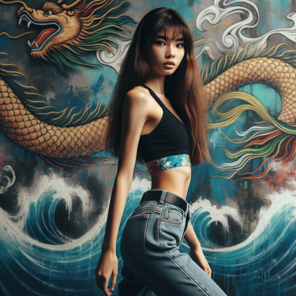 Very thin Athletic Thin skinny Attractive, Asian teenage girl, long brown hair and bangs, wearing tight skinny jeans and a halter top paint marks on her clothing, heroic sideways pose Asian graffiti background