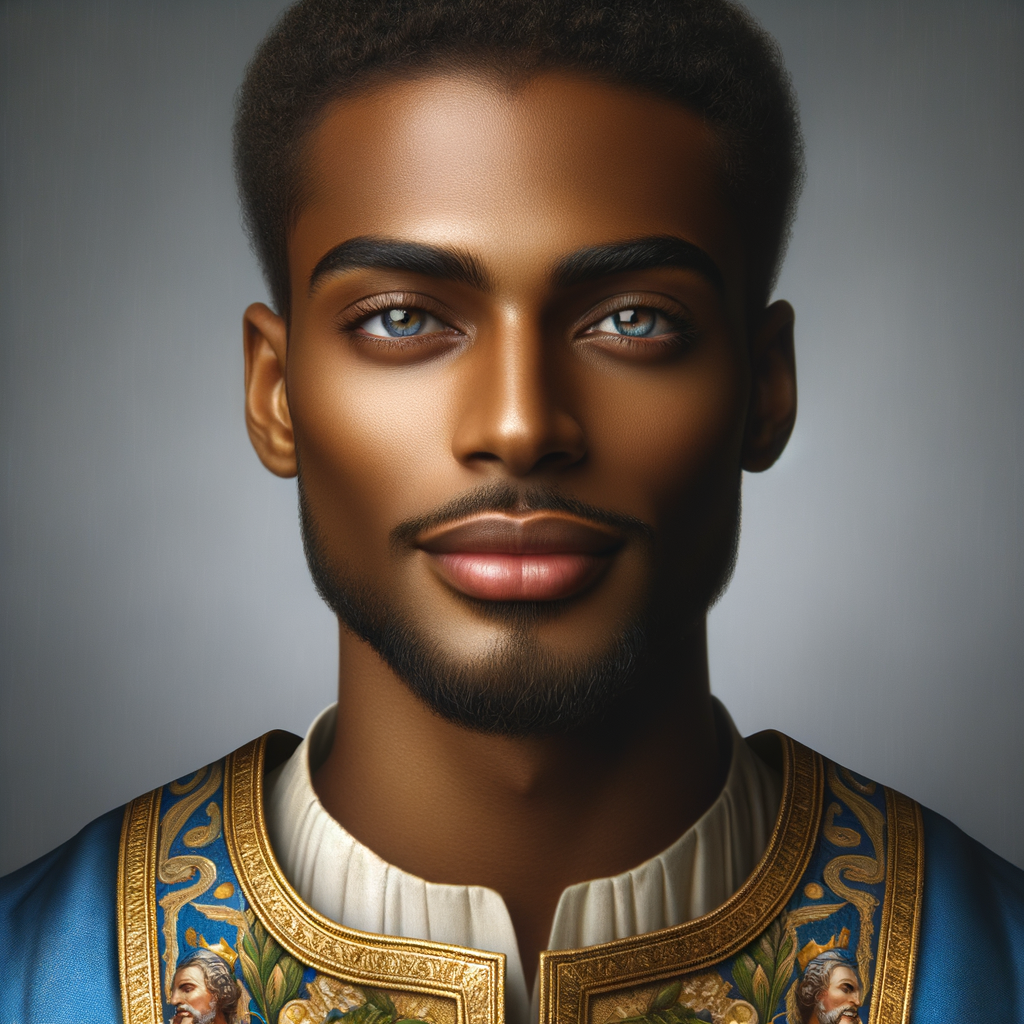 Create handsome African-American, Jesus, with Hazel Brown eyes wearing a blue and gold robe