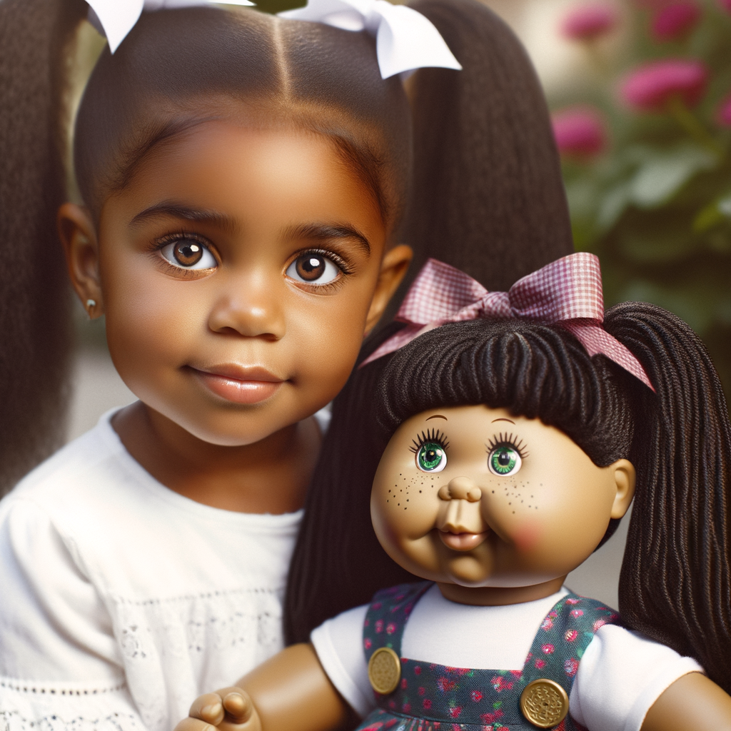 African-American girl with huge Hazel Brown eyes and long, black ponytails with Bows playing with African-American, cabbage Patch doll with huge dimples and freckles