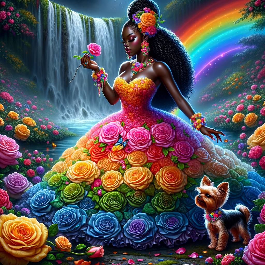 Remix Prompt
S/O Jackie Torres
S/O Panda Locke

create a animated style hyper realistic airbrush whimsical oil painting of a light skin African American woman wearing a flawless beautiful colorful blossom dress long flowing with colorful flowers and ruffles on the dress colorful jewelry made of flowers she has long black curly hair in a bun a colorful rose in her hair her peep toe shoes is matching her dress behind her is a beautiful waterfall liquid glowing lights beautiful colorful rainbow surrounded by beautiful roses. She has a little Yorky next to her dancing with her.