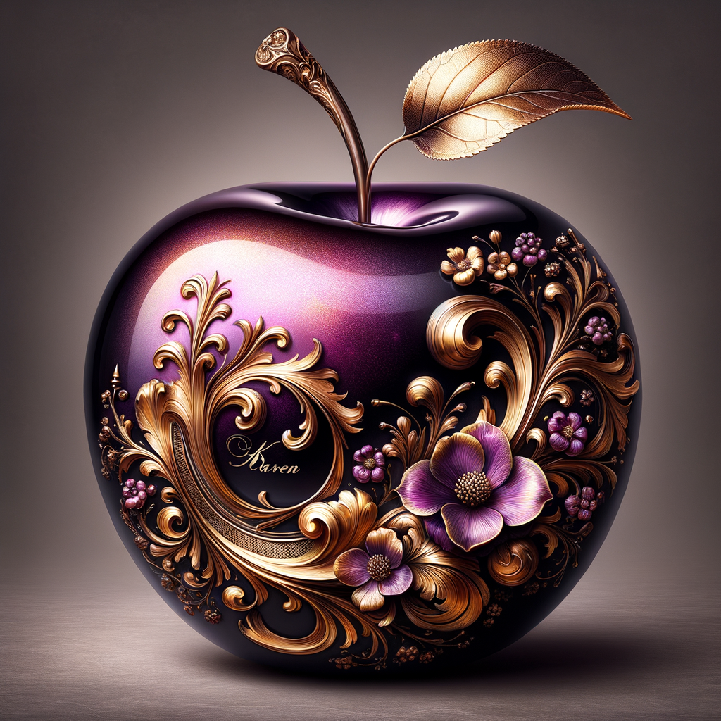 Envision a lustrous, oversized apple with a surface that gleams in a radiant shade of purple, as if lacquered to a high shine, reflecting light from its smooth, curvaceous form. The apple is adorned with elegant gold leaf patterns that swirl luxuriously around its contour, bringing a baroque opulence to its appearance. The stem, a bronzed sculpture in itself, supports a single leaf that seems to glow with an inner luminescence. At the apple’s base, a collection of flowers blooms, their petals softening the scene with organic shapes and colors that harmonize with the vibrant purple and gold. Incorporated into the metallic filigree in an artful script is the name "Karen," as if the apple were personally inscribed, enhancing the custom and bespoke quality of the piece.