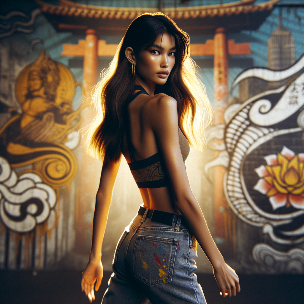 Athletic Thin skinny Attractive, Asian teenage girl, long brown hair and bangs, wearing tight skinny jeans and a halter top paint marks on her clothing, heroic pose Asian graffiti background, backside view