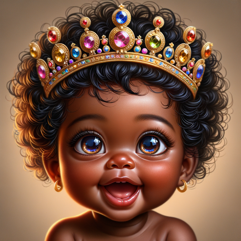 "Create a digital portrait of an adorable african-American baby girl with a joyful expression. She is wearing a gold crown with colorful jewels. Her big, bright blue eyes are wide with wonder, and her tiny mouth is shaped in a happy grin. Her skin has a warm, honey-brown tone, and she has an abundance of thick curly black hair, The background is soft and neutral to keep the focus on her delightful features. The portrait should be vibrant and heartwarming, celebrating the innocence and charm of childhood."