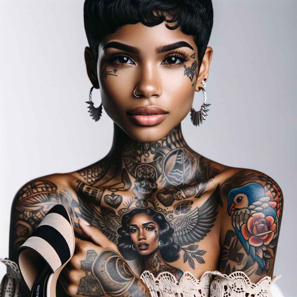 A beautiful Puerto Rican woman, with short hair and tattoos, she has Staleti high heels on  looking at the camera. This image is taken with a canon high resolution for the camera.