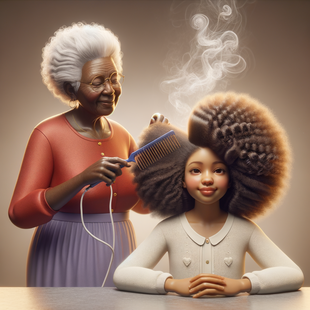 Create a realistic 3-D image of an african-American grandmother in the kitchen with her african-American granddaughter. The grandmother has a hot comb in her hair and she is straightening her granddaughters hair. One side of her granddaughters hair is in  a Afro the other is bone straight 
There is smoke coming from the hot comb