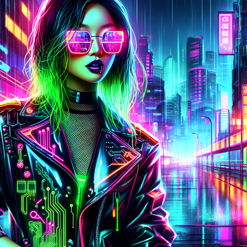 A striking woman with bold, neon-green hair cascading over one shoulder, her outfit a blend of cyberpunk leather and glowing circuitry. She stands confidently on a rain-slicked rooftop, with the city’s pulsing neon skyline stretching out behind her. Her reflective sunglasses catch the glimmer of a floating holographic billboard, and a subtle smirk hints at her rebellious attitude