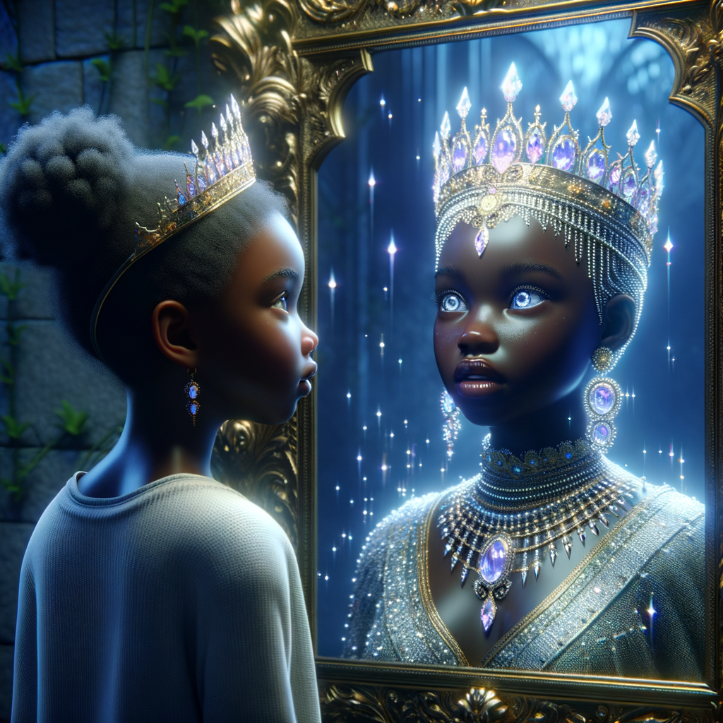 In a 3-D realistic world, a beautiful African-American child stands before a mirror. Her eyes widen as she gazes at her reflection, for the mirror reveals not just her own image but a majestic adult queen. The queen’s skin glows with regal elegance, her features exuding grace and wisdom. She wears a crown adorned with shimmering jewels, each gem reflecting the light like a thousand stars.
The child’s wonder deepens as she realizes that the queen in the mirror is none other than her future self—a powerful ruler who wears her heritage with pride. The mirror whispers secrets of destiny, urging her to embrace her potential and become the queen she sees.
And there, in this magical moment, the child and the queen share a silent pact: to honor their roots, uplift their people, and wear their crowns with unyielding strength.