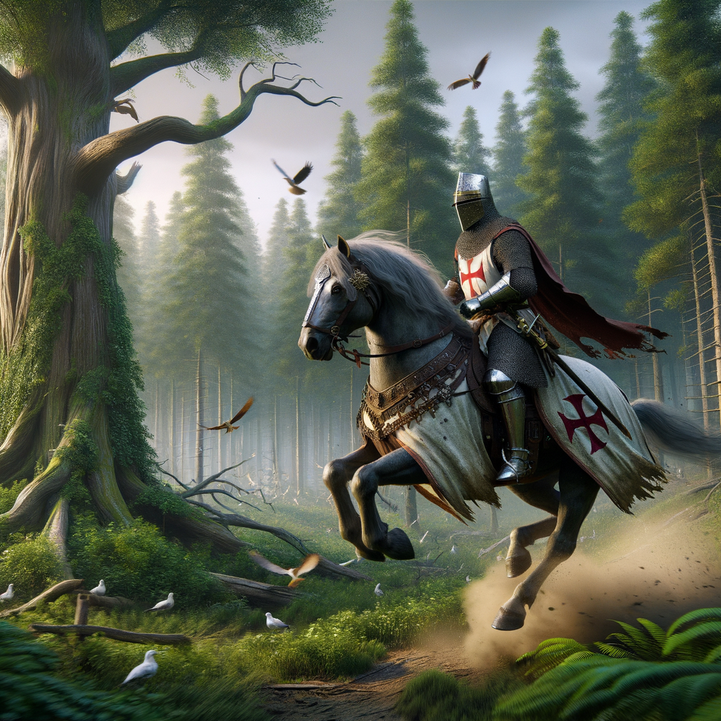 A Templar knight riding a horse in a battle scene, ultra hyper photorealistic