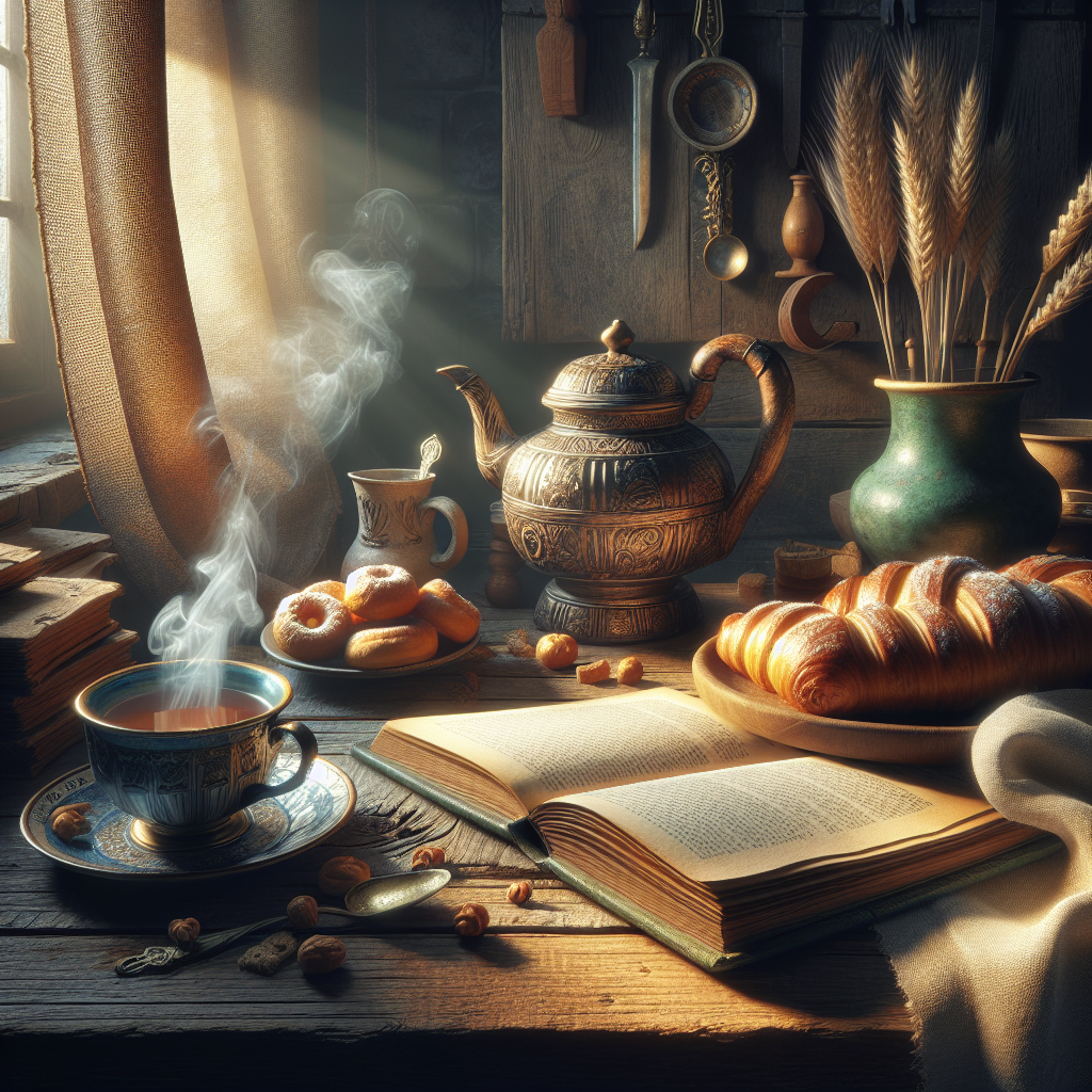 A warmly lit kitchen corner with a steaming cup of tea, an open book, and a plate of pastries on a rustic wooden table. The soft light from a nearby window highlights the textures of the wood, fabric, and ceramic