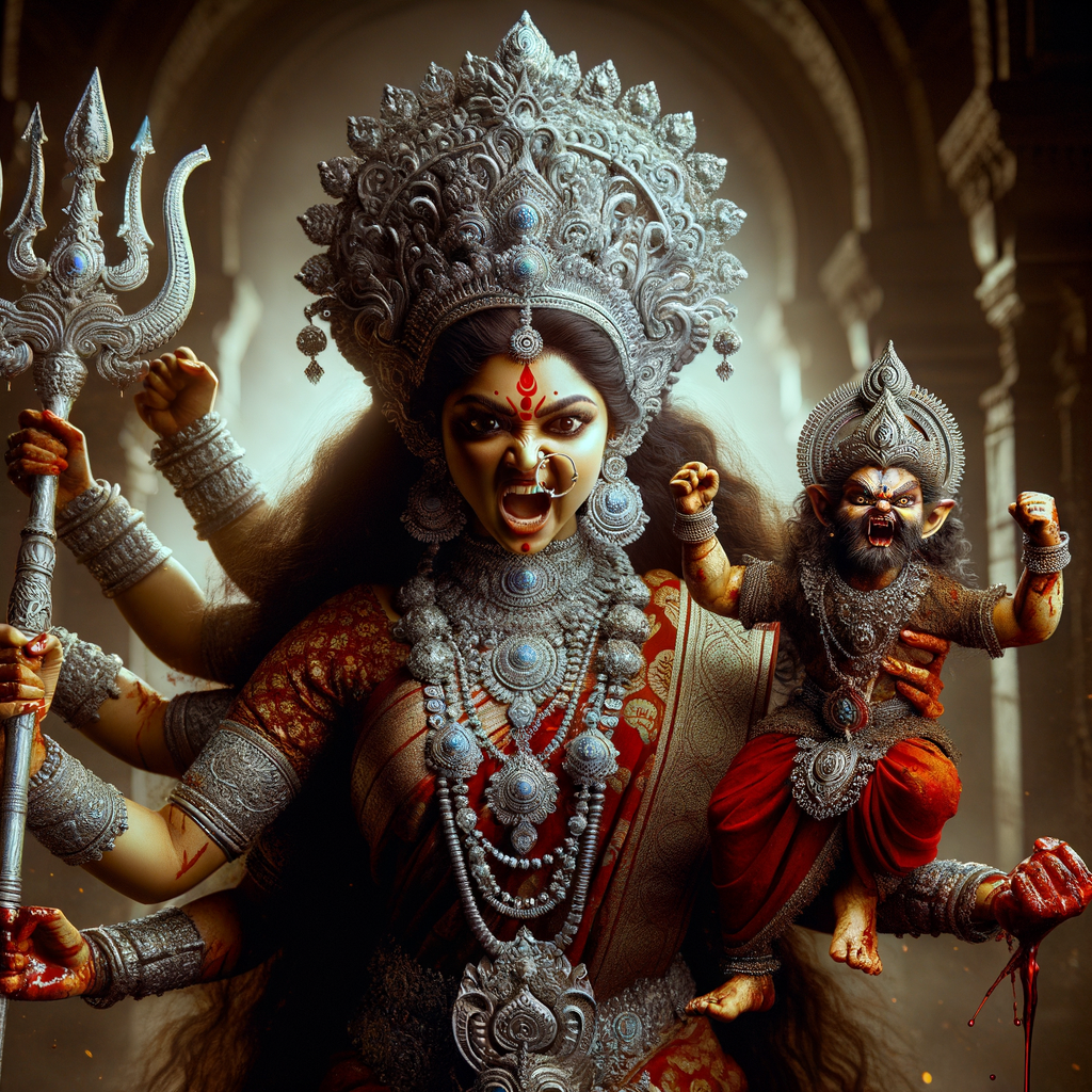 portrait of angry looking goddess durga  carrying a short mahishasur in her two arms and stabbing him with her amazingly designed trident. She is wearing a huge silver crown, red saree, abundant silver jewelry, covered in blood. The scene is set in ancient India. The image is 8K resolution, cinematic, ultra detailed face and epic.