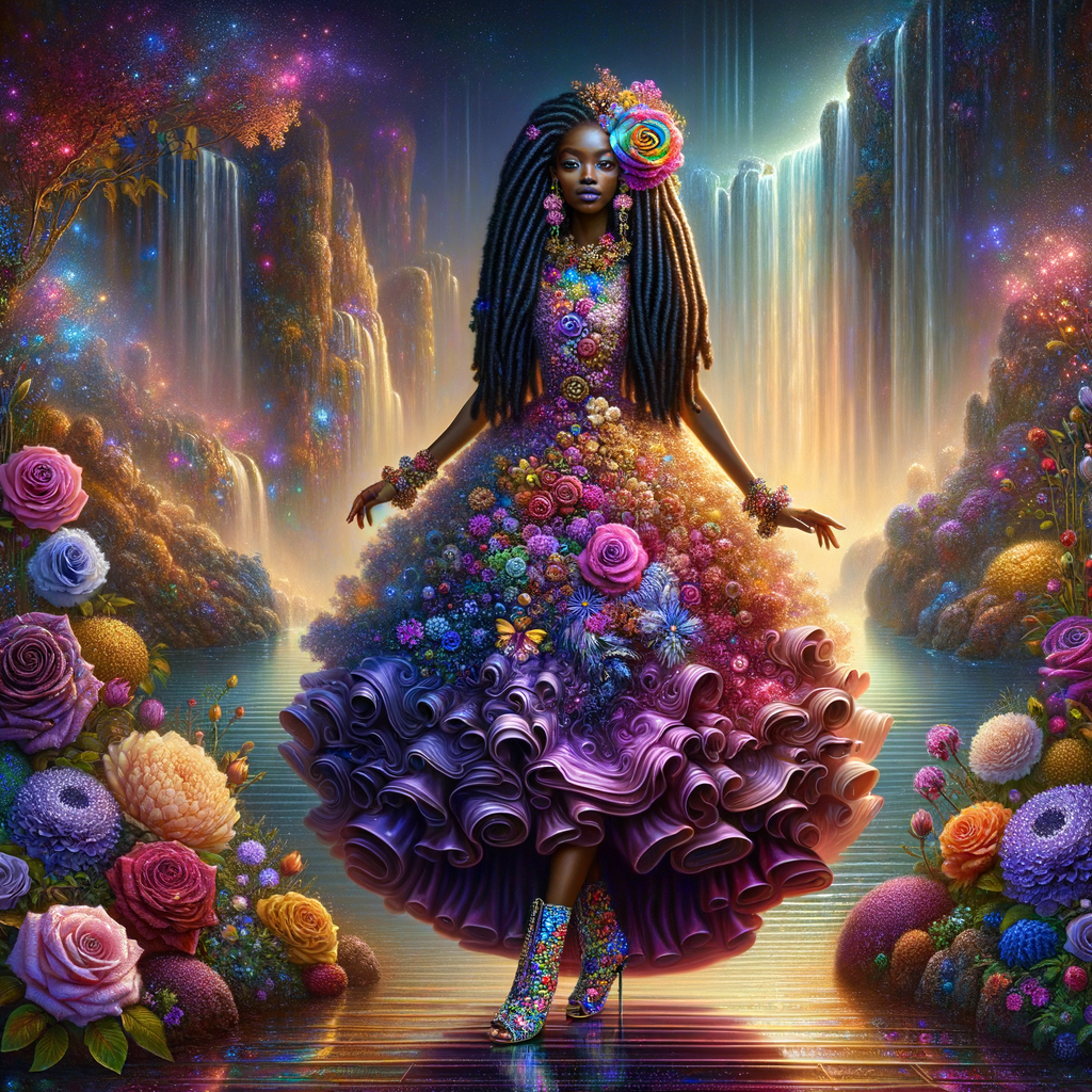 Remix Prompt
S/O Jackie Torres
S/O Panda Locke

create a animated style hyper realistic airbrush whimsical oil painting of a light African American woman wearing a flawless beautiful purple, pink, and gold blossom dress long flowing with colorful flowers and ruffles on the dress colorful jewelry made of flowers she has long black dreadlocks in a bun a colorful rose in her hair her peep toe shoes is matching her dress behind her is a beautiful waterfall liquid glowing lights beautiful colorful rainbow surrounded by beautiful roses.