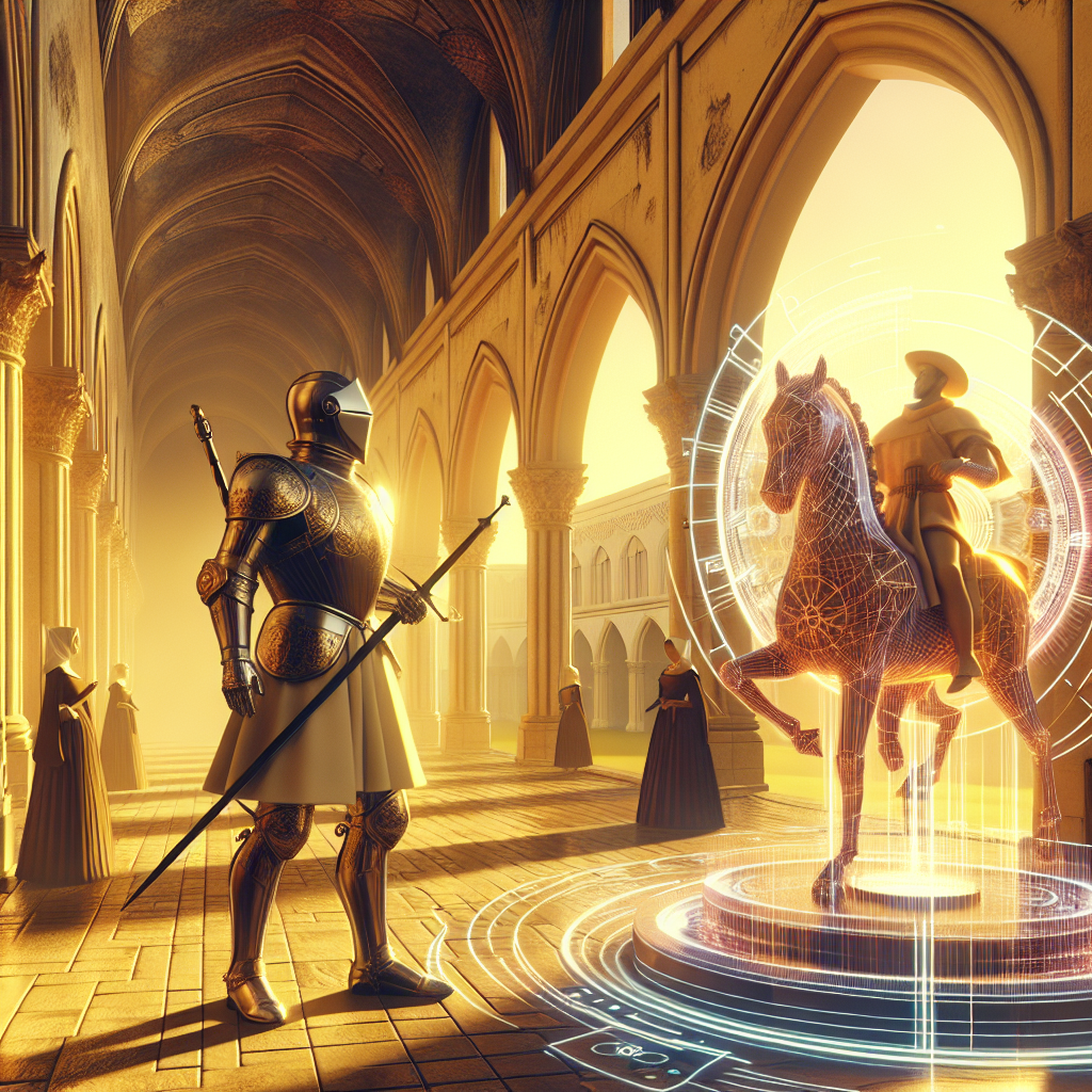 A medieval knight standing in a golden-lit courtyard, holding a futuristic energy shield