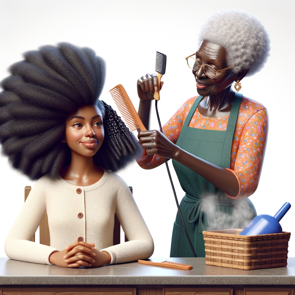 Create a realistic 3-D image of an african-American grandmother in the kitchen with her african-American granddaughter. The grandmother has a hot comb in her hair and she is straightening her granddaughters hair. One side of her granddaughters hair is in  a Afro the other is bone straight 
There is smoke coming from the hot comb