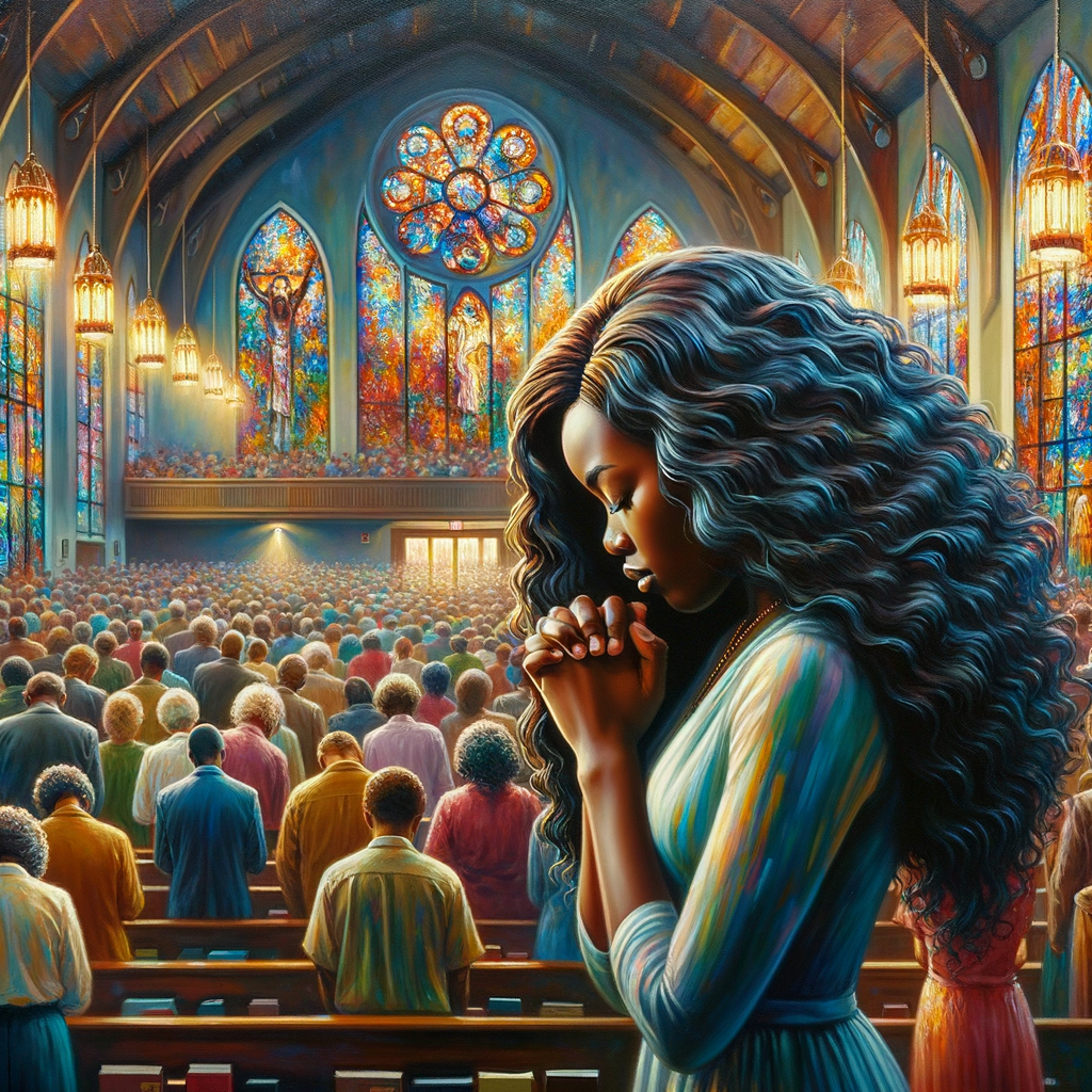 An oil painting depicting an African-American woman with long, wavy black hair, deeply immersed in prayer within a vibrant church setting. She is surrounded by a congregation of African-American individuals, all collectively engaged in worship and praise. The church is adorned with vividly colored stained glass windows, casting a mosaic of light that adds to the spiritual ambiance of the scene.