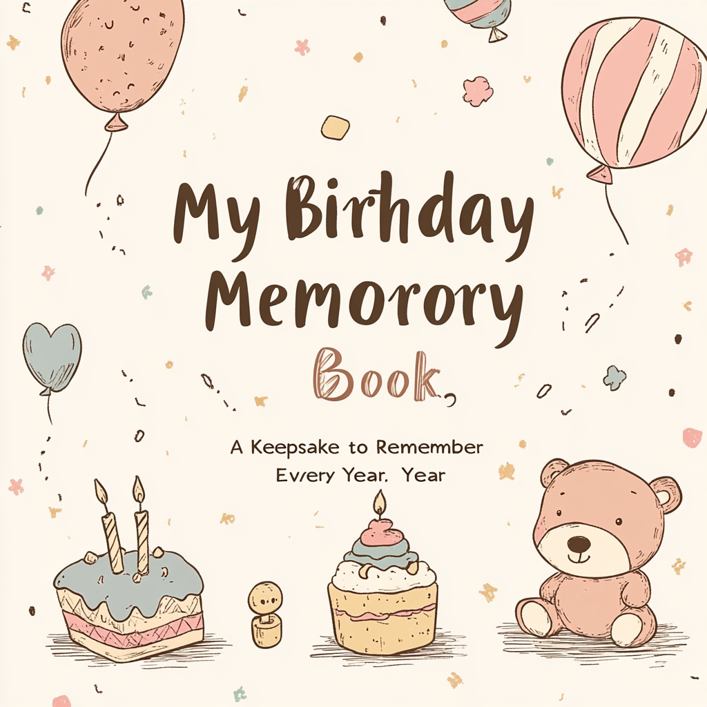 A soft, warm cream-colored background with a subtle paper-like texture. The main title, "My Birthday Memory Book," is centered in large, handwritten-style font in deep brown. Below it, in smaller serif font and in muted gold, is the subtitle: "A Keepsake to Remember Every Year." Surrounding the title are hand-drawn doodles in warm pastel tones (soft pink, muted blue, gentle yellow): a small baby rattle in the top left, a teddy bear sitting at the bottom left, a tiny birthday cake with a candle in the bottom right, and a floating balloon in the top right. Dotted lines in light brown gently connect these elements, creating a trail-like pattern. The cover is minimalist, with soft shadows to add depth but no harsh contrasts.