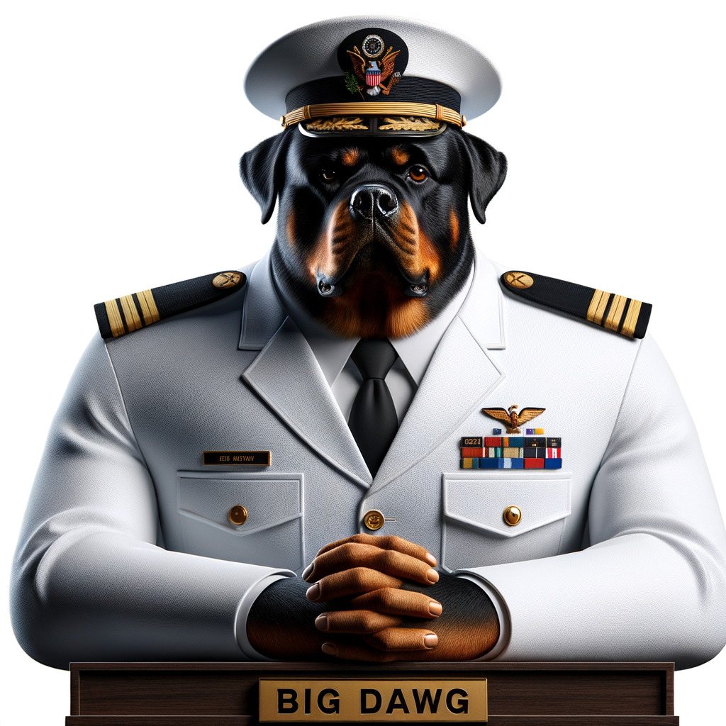 A mean Rottweiler, the Rottweiler is a US Navy officer in a white uniform, down below, spells the words BIG DAWG