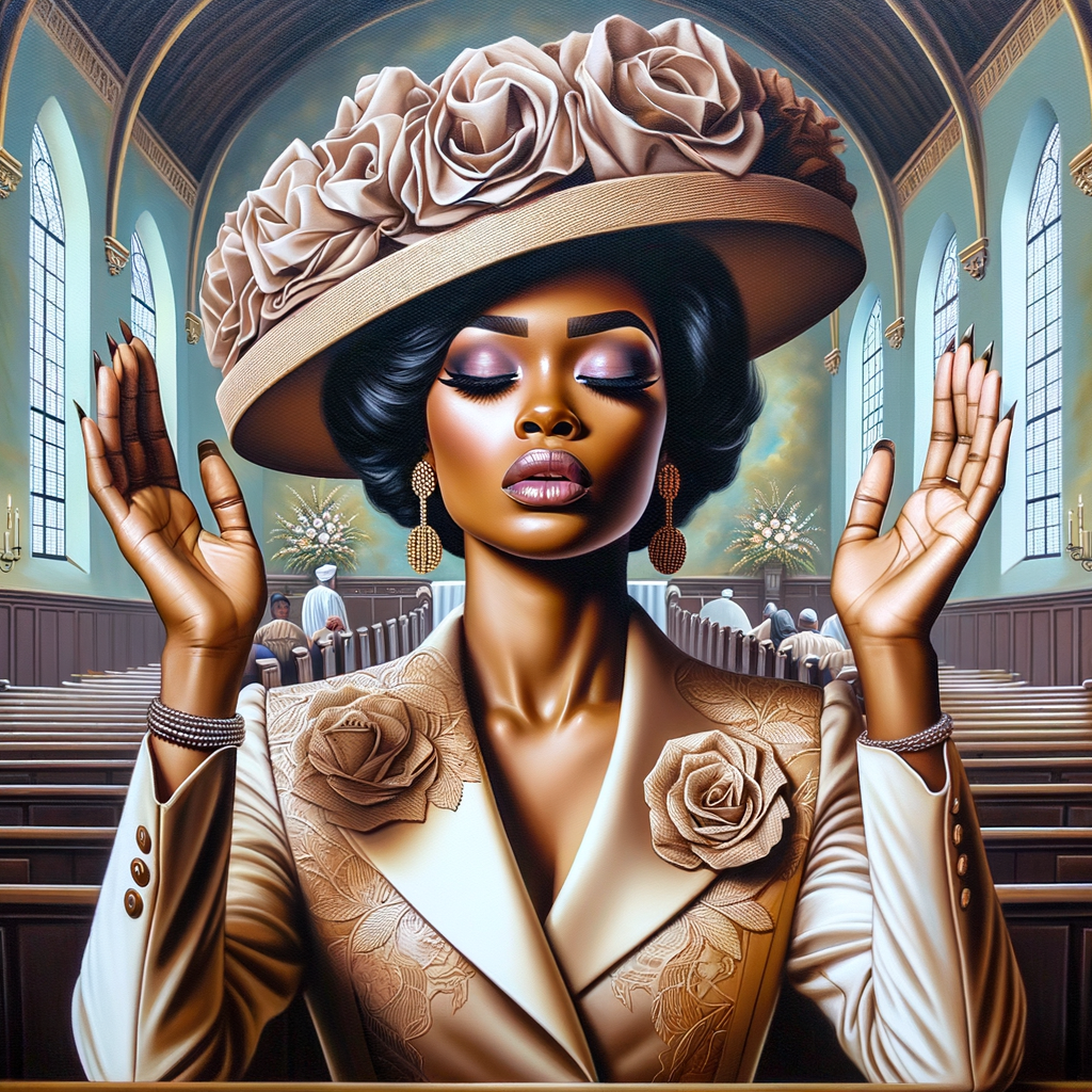 Render an airbrush oil painting of an African American woman with flawless makeup
kneeling at a church altar, her hands raised in a gesture of surrender to God. She's
dressed in stylish Sunday Best attire, with a particular focus on the delicate details of
her Church Hat. The background features a beautifully painted church interior, with the
oil paint texture enhancing the sacred atmosphere. The artwork should capture the
woman's devout expression, the elegance of her attire, and the spiritual ambiance of
the church setting, reflecting a moment of deep faith and devotion.