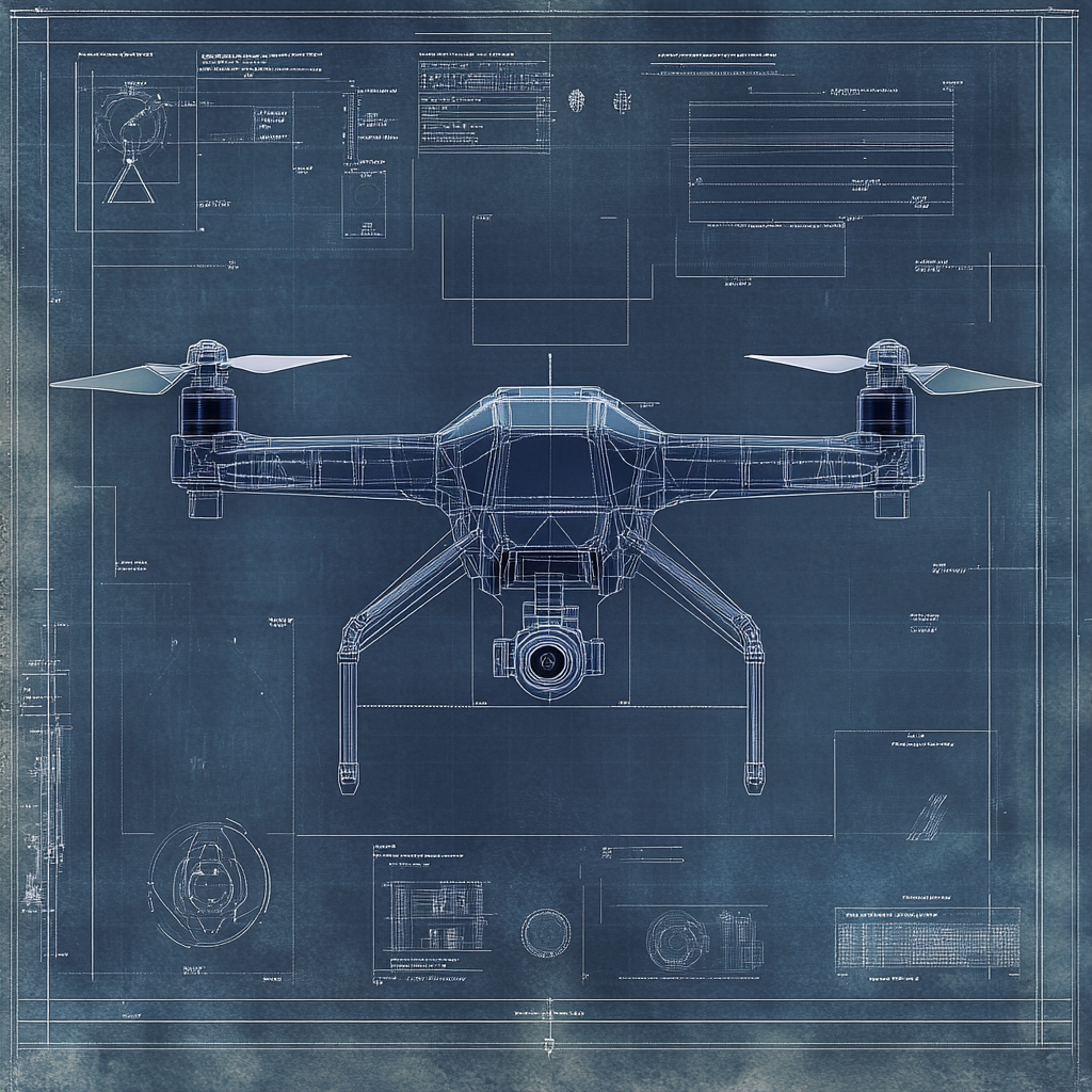 A detailed specification sheet on blueprint paper for minimuist drone with callouts and dimensions, highly technical