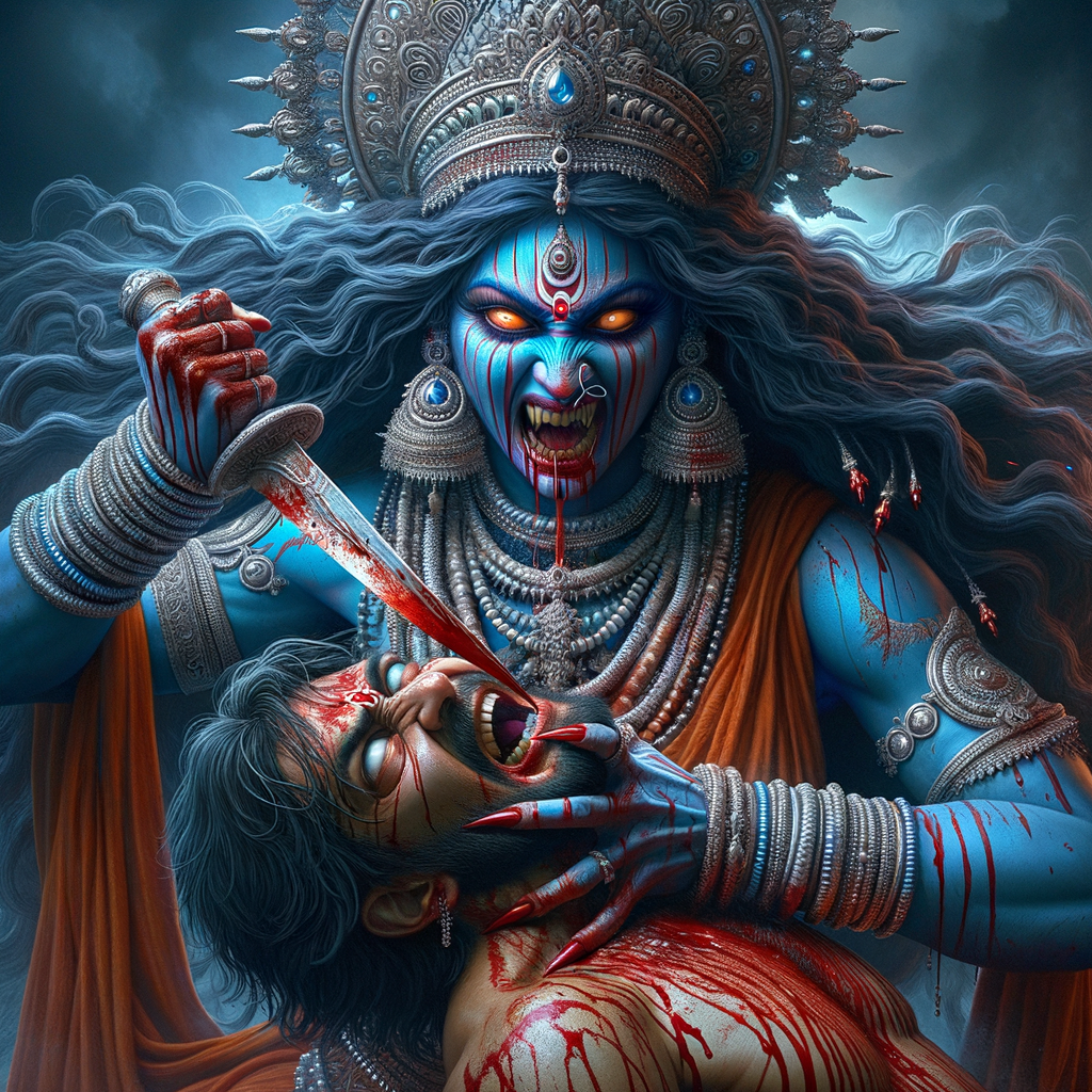 portrait of angry looking, gorgeous goddess kali, blue skinned carrying a weak mahishasur in her two arms and stabbing him with her amazingly long red fingernails. She is wearing a huge silver crown, red saree, abundant silver jewelry, covered in blood. The scene is set in ancient India. The image is 8K resolution, cinematic, ultra detailed face and epic.