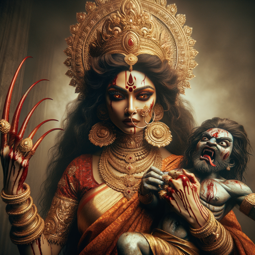 portrait of angry looking goddess durga  carrying an unfit mahishasur in her arms and poking him with her amazingly long red fingernails. She is wearing a huge gold crown, red saree, abundant  gold jewelry, covered in blood. The scene is set in ancient India. The image is 8K resolution, cinematic, ultra detailed face and epic.