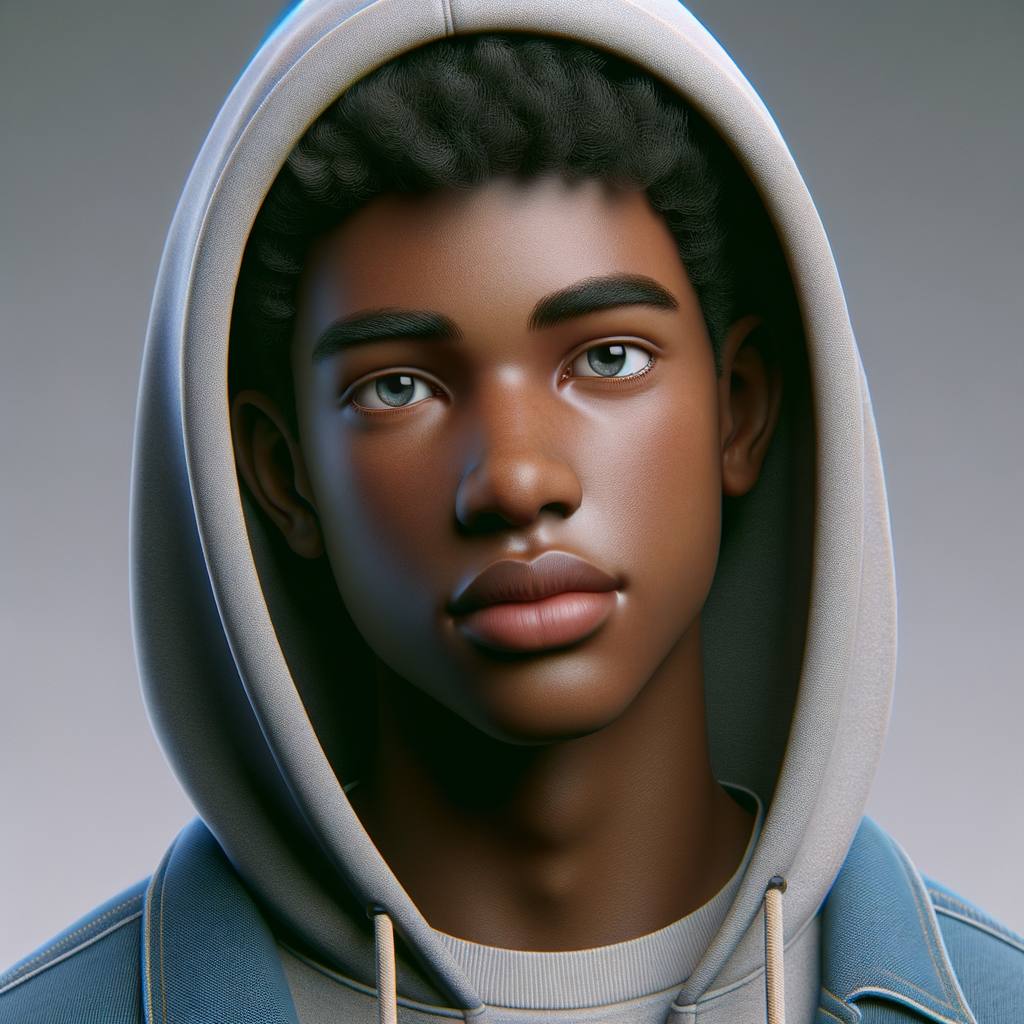 Create a 3-D realistic portrait of Trayvon Martin, wearing a hoodie