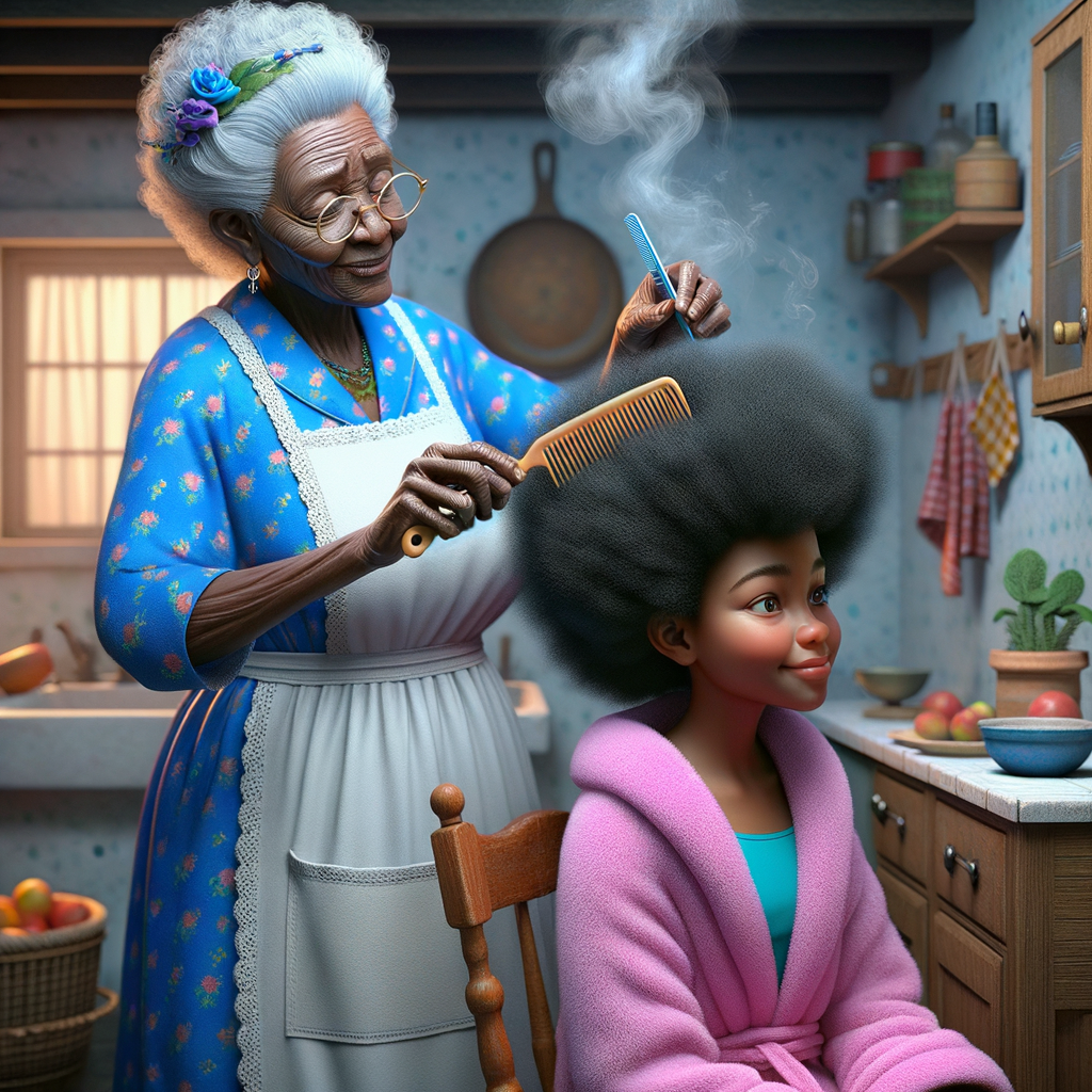 Create a realistic 3-D image of an african-American grandmother wearing a blue house dress and a white apron . She is in the kitchen with her african-American granddaughter. Her granddaughter is wearing a pink bath robe. The grandmother has a hot comb in her hand and she is straightening her granddaughters hair. One side of her granddaughters hair is in  a Afro the other straight 
There is smoke coming from the hot comb
The granddaughter is making a face