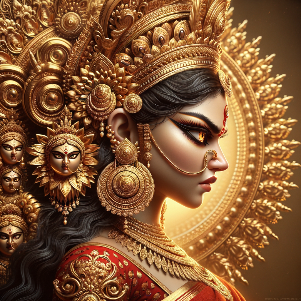 Side view portrait of  gorgeous and extremely angry goddess durga. intricately detailed depiction of a goddess. gold jewelry all over body. ultra detailed face. Wearing red saree, a lot of gold ear piercings, huge gold crown on head, uhd, hdr, 64k, epic, ultra detailed face