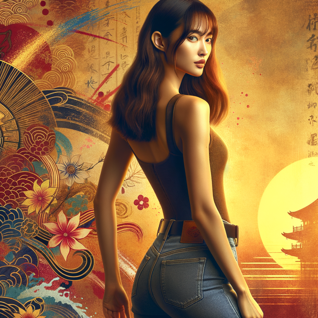 Athletic Thin skinny Attractive, Asian teenage girl, long brown hair and bangs, wearing tight skinny jeans and a halter top paint marks on her clothing, heroic pose Asian graffiti background, backside view