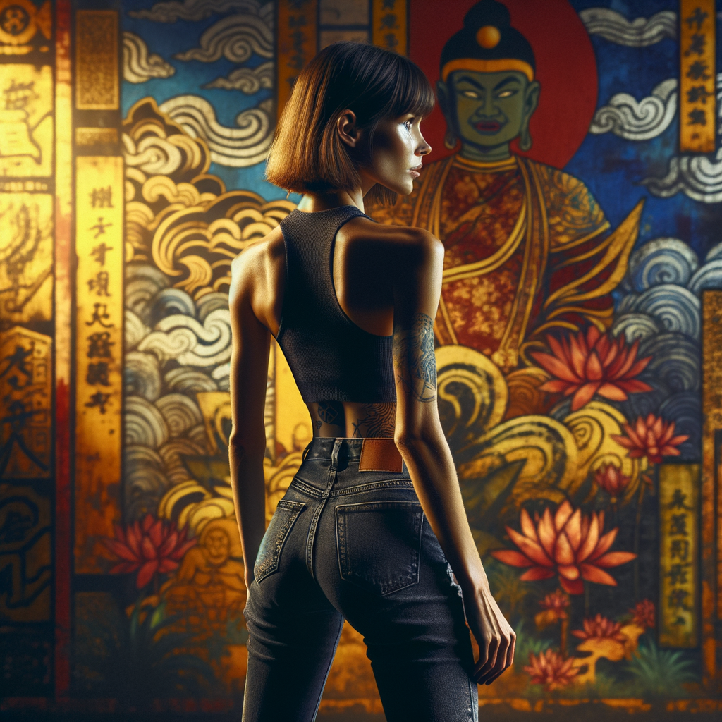 Athletic Thin skinny Attractive, Asian teenage girl, long brown hair and bangs, wearing tight skinny jeans and a halter top paint marks on her clothing, heroic pose Asian graffiti background, backside view