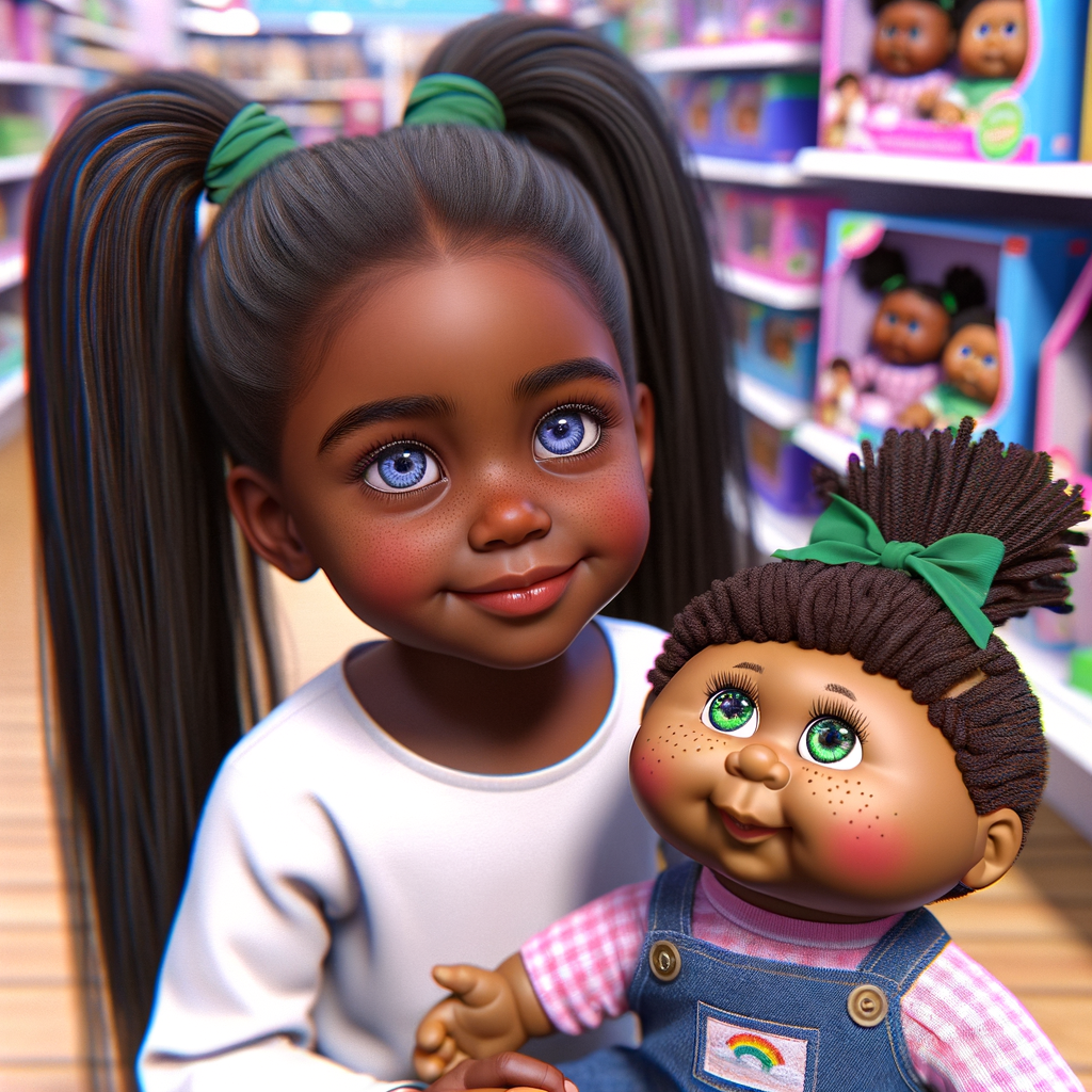 Create a 3-D realistic image of an African-American little girl above the age of five she has huge, blue eyes and thick long ponytails.
She is in a toy store and she is playing with her favorite african-American Cabbage Patch doll , the doll has deep, dimples and freckles