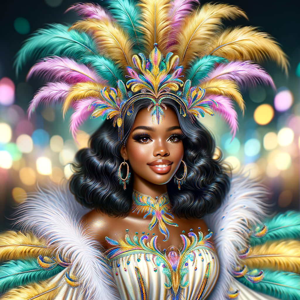 Create a 3-D  vivid full-body view of a colorful glossy hyper-realistic oil painting of a detailed illustration full length photo single image of a beautiful African-American caramel skinned woman plus sized, with long, black, wavy hair, her make up is airbrushed and flawless, she is dressed in a white, teal and yellow large, elaborate, elegant, very detailed carnival costume with colorful African-American pink, blue, gold yellow green feathers, flawless makeup, prominent lashes, black peep toe heels, white pixie hair, background bokeh, she is stunning and smiling, digital art.