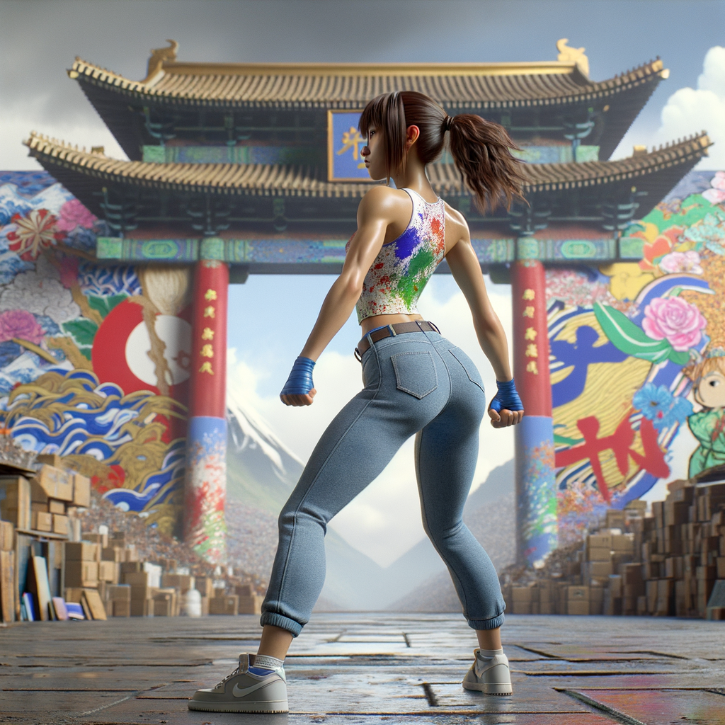 Athletic Thin skinny Attractive, Asian teenage girl, long brown hair and bangs, wearing tight skinny jeans and a halter top paint marks on her clothing, heroic pose Asian graffiti background, backside view