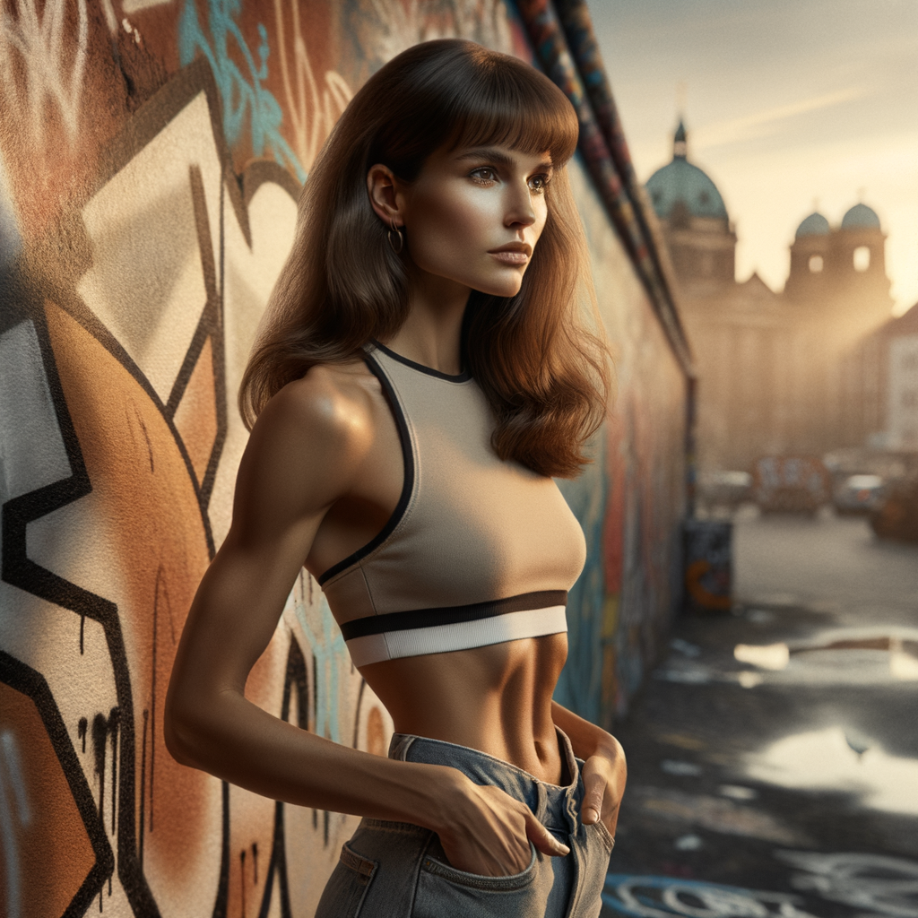 Athletic Thin skinny Attractive, Asian teenage girl, long brown hair and bangs, wearing tight skinny jeans and a halter top paint marks on her clothing, heroic pose Asian graffiti background, side view