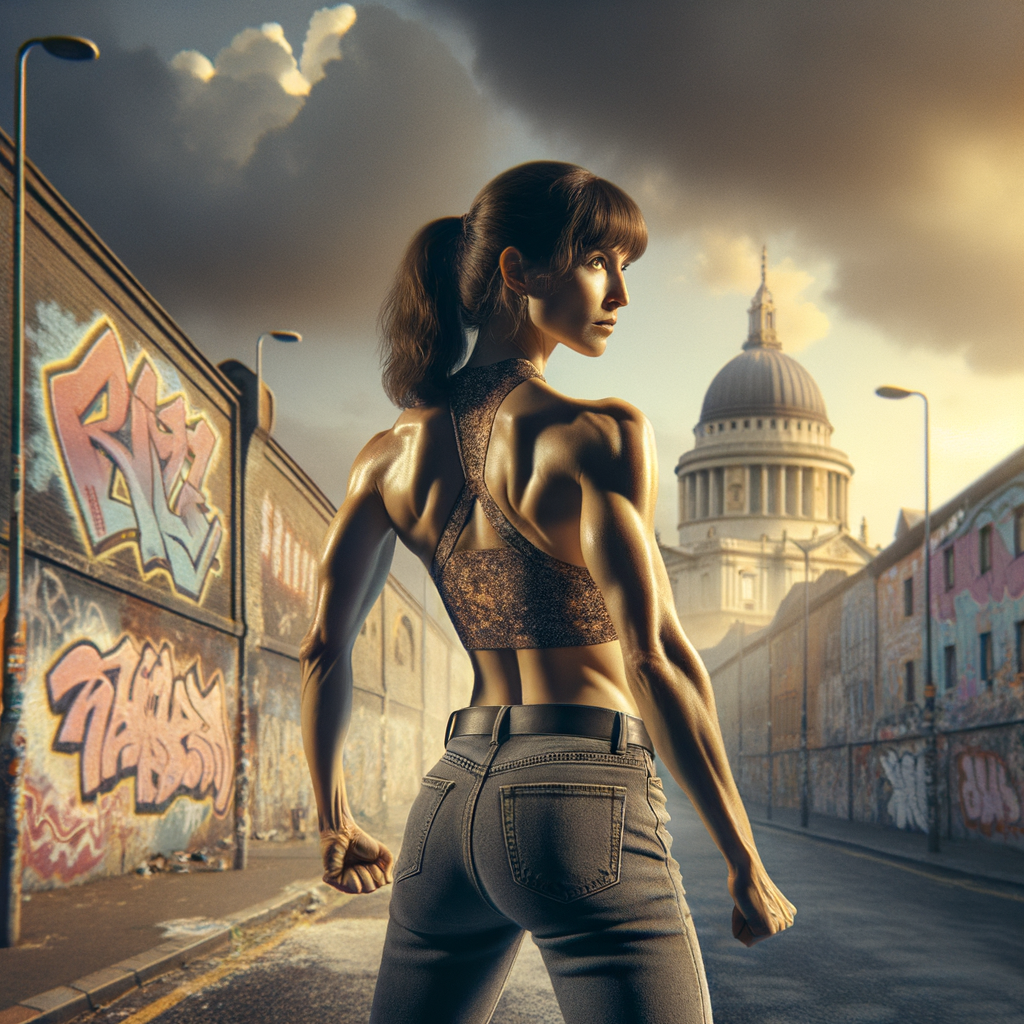 Athletic Thin skinny Attractive, Asian teenage girl, long brown hair and bangs, wearing tight skinny jeans and a halter top paint marks on her clothing, heroic pose Asian graffiti background, backside view