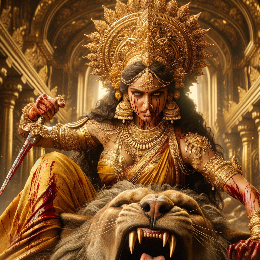 portrait of angry looking goddess durga placing her foot on a defeated mahishasur. She is wearing gold armor, a huge gold crown, gold saree, abundant  gold jewelry, covered in blood. The scene is set in ancient India. The image is 8K resolution, photography, cinematic, ultra detailed face and epic