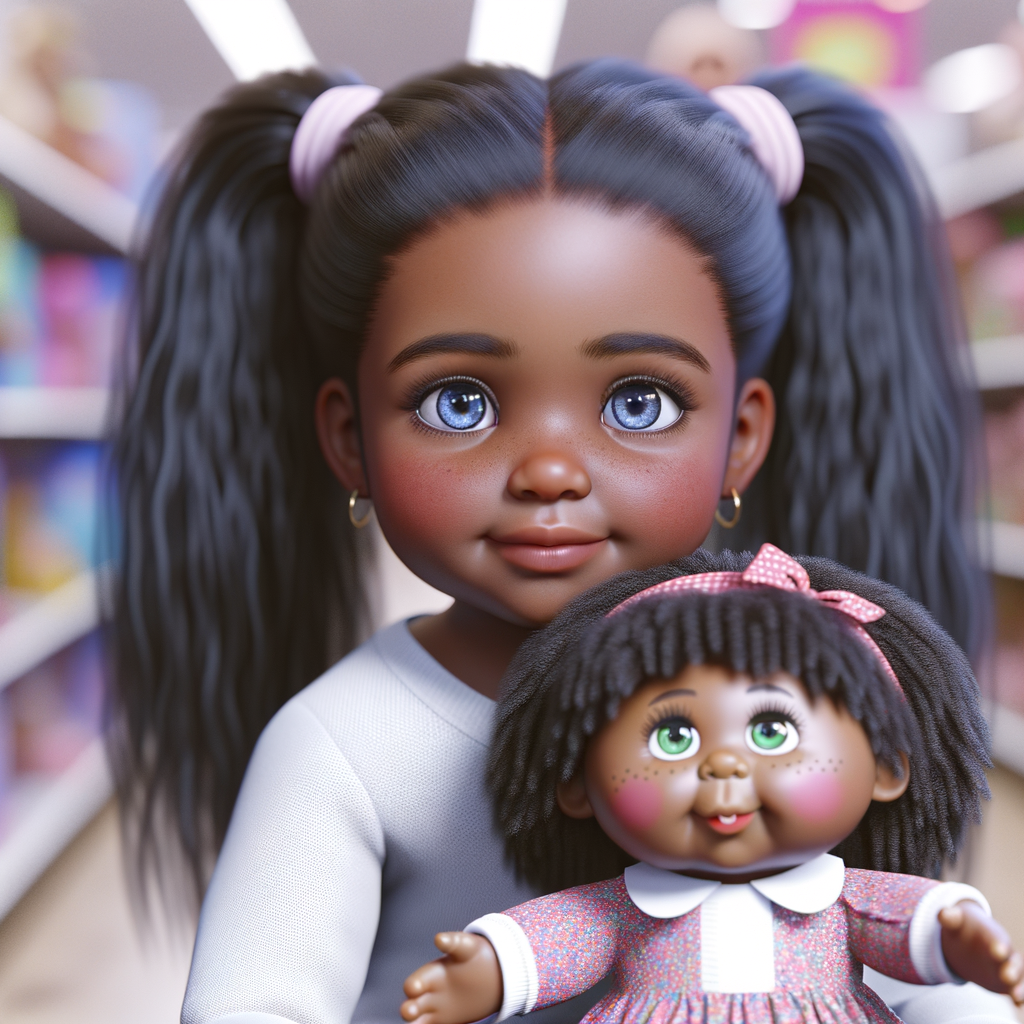 Create a 3-D realistic image of an African-American little girl above the age of five she has huge, blue eyes and thick long ponytails.
She is in a toy store and she is playing with her favorite african-American Cabbage Patch doll , the doll has deep, dimples and freckles