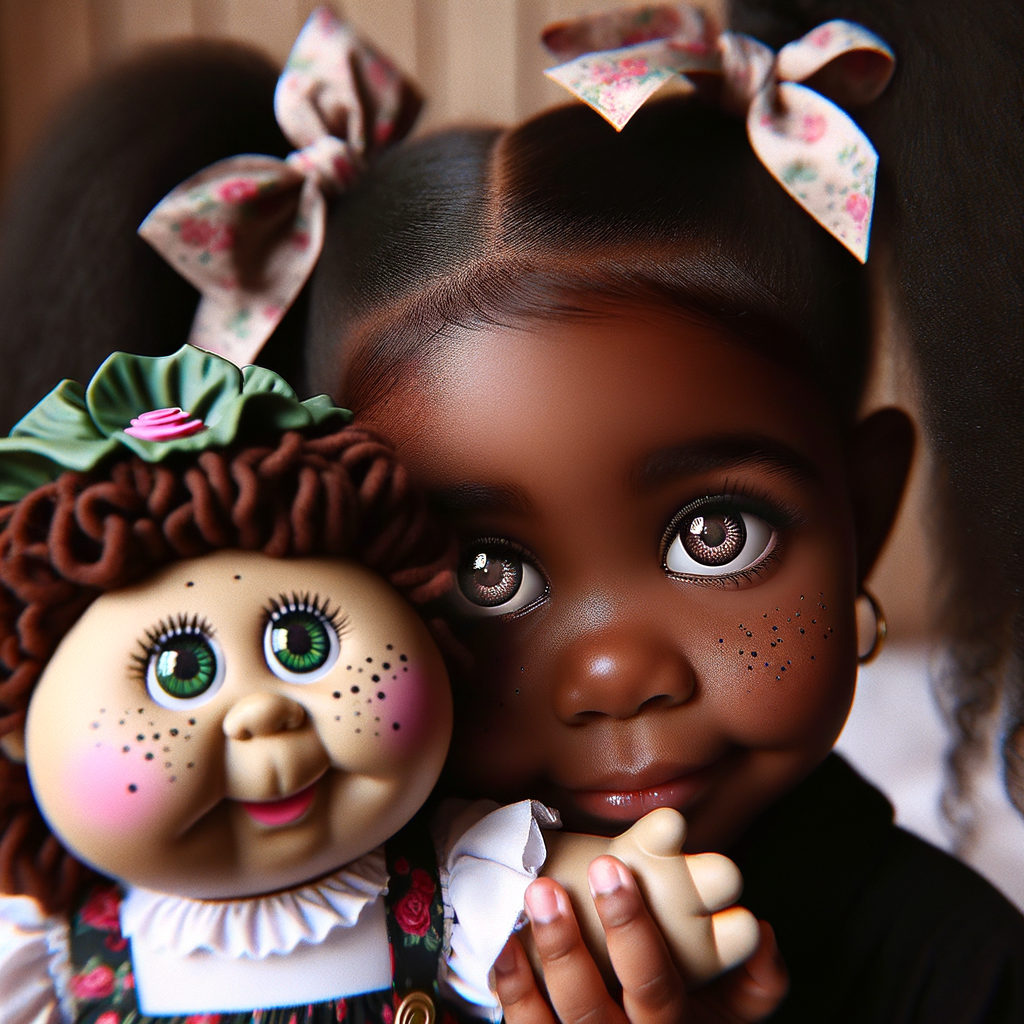 African-American girl with huge Hazel Brown eyes and long, black ponytails with Bows playing with African-American, cabbage Patch doll with huge dimples and freckles