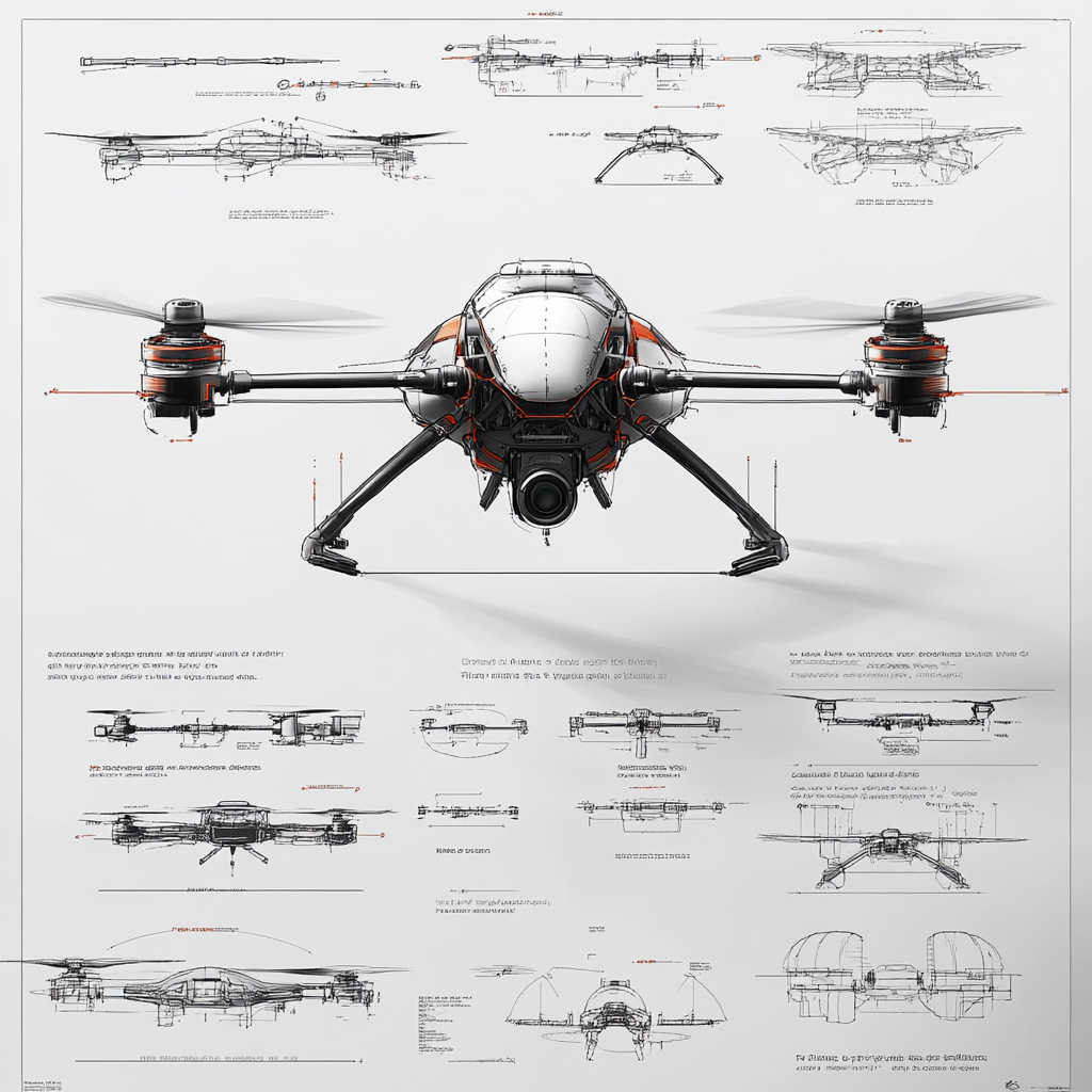 A detailed specification sheet for drone with callouts and dimensions, highly technical