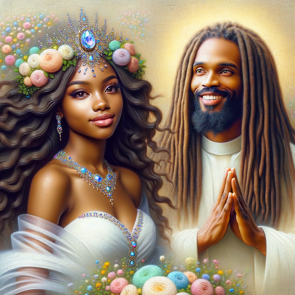 Create a 3-D realistic oil, painting of a beautiful African-American bride. She has long flooring, wavy hair and her gown has beautiful jewels around the neckline. in the background there is a beautiful African-American Jesus Christ with long dreadlocks, and he is smiling. He is very handsome pastel flowers throughout the image.