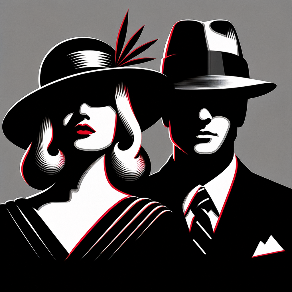 A glamorous 1920s lady and man, black and white silhouette style with red highlights, she is wearing a wide brim hat and sleek black dress. He is wearing a gangster hat. Show head and shoulders only. Black background