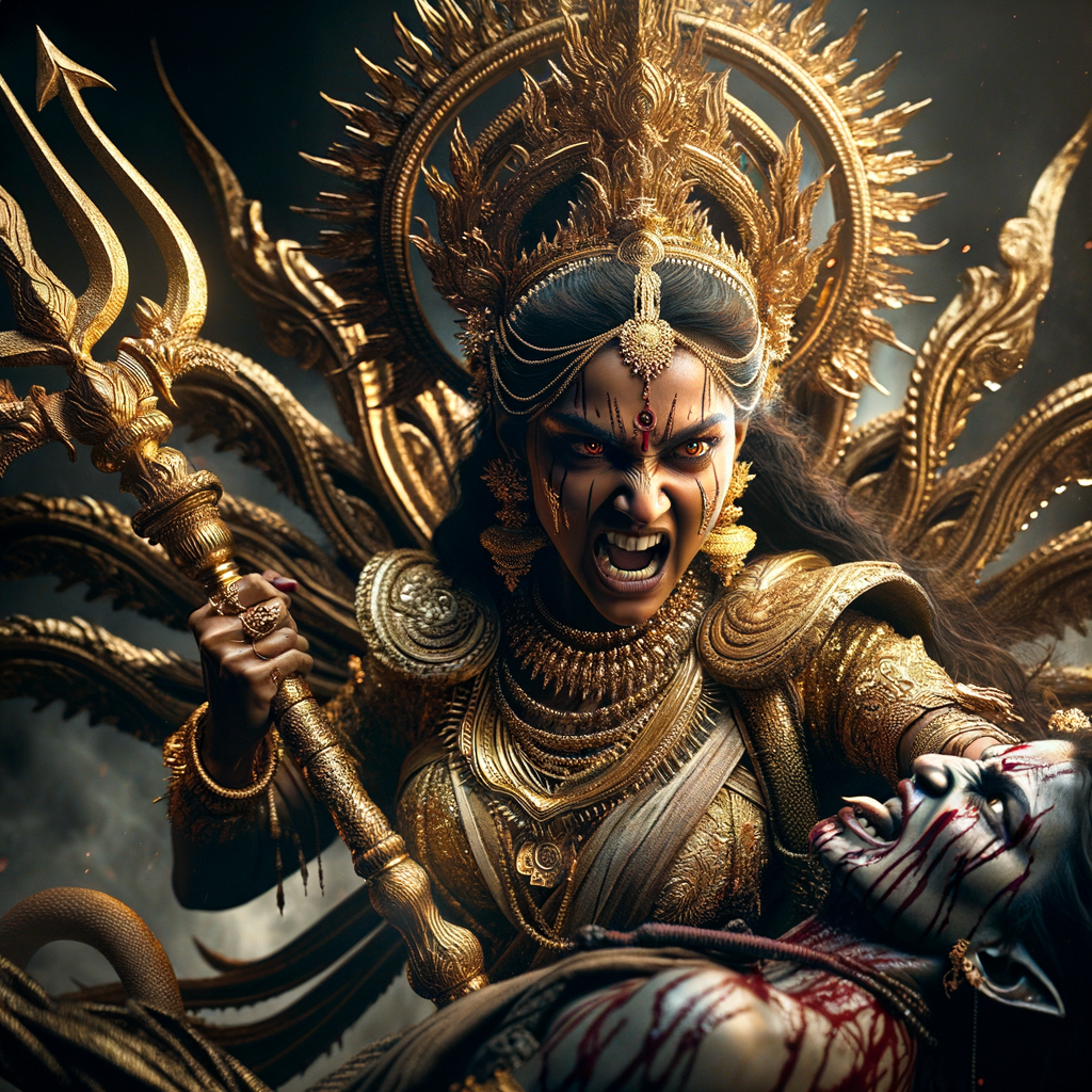 portrait of angry looking goddess durga slaying a weak mahishasur by carrying him in her two arms and stabbing him with her amazingly designed trident. She is wearing gold armor, a huge gold crown, gold saree, abundant  gold jewelry, covered in blood. The scene is set in ancient India. The image is 8K resolution, cinematic, ultra detailed face and epic.