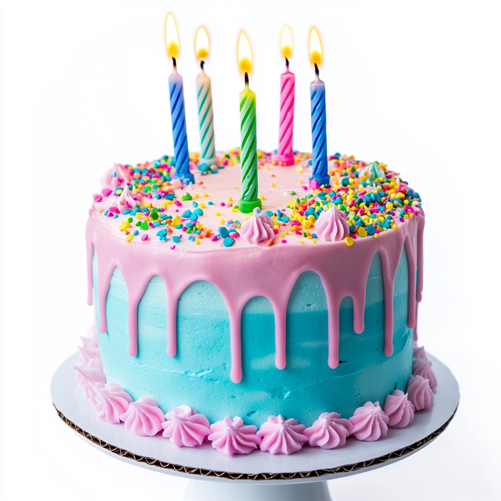 A vibrant, festive birthday cake with three lit candles on top. The cake is  two tiered with colorful frosting—pastel pink on the top layer and sky blue on the bottom. The frosting drips slightly over the edges for a delicious effect. Bright, multicolored sprinkles are scattered over the top. The three candles are evenly spaced, each with a different color—red, yellow, and blue—with soft glowing flames. The background is completely white