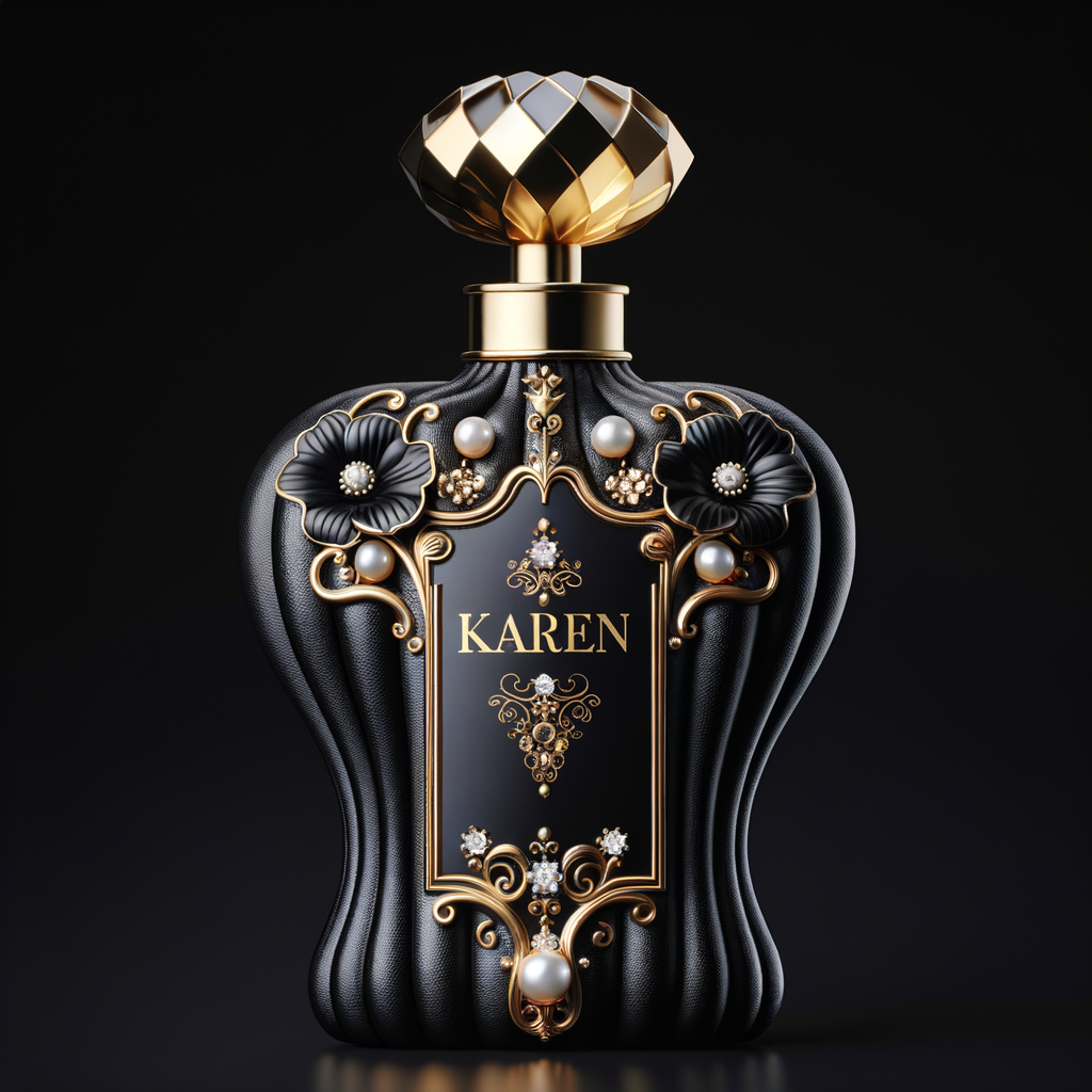 Design a fancy, black and gold bottle of perfume in the shape of a woman’s body. With a golden diamond top, flowers pearls and Diamonds in the name, Karen