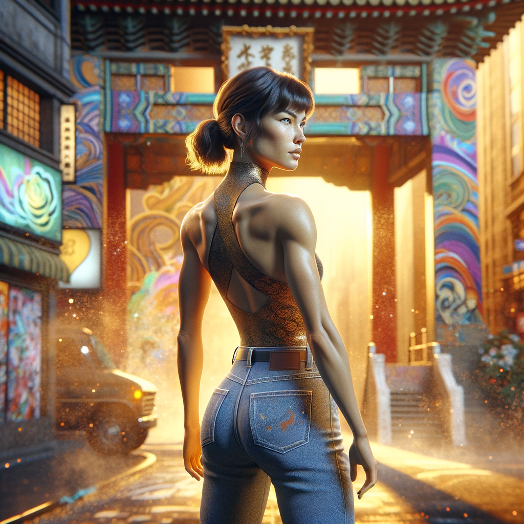 Athletic Thin skinny Attractive, Asian teenage girl, long brown hair and bangs, wearing tight skinny jeans and a halter top paint marks on her clothing, heroic pose Asian graffiti background, backside view