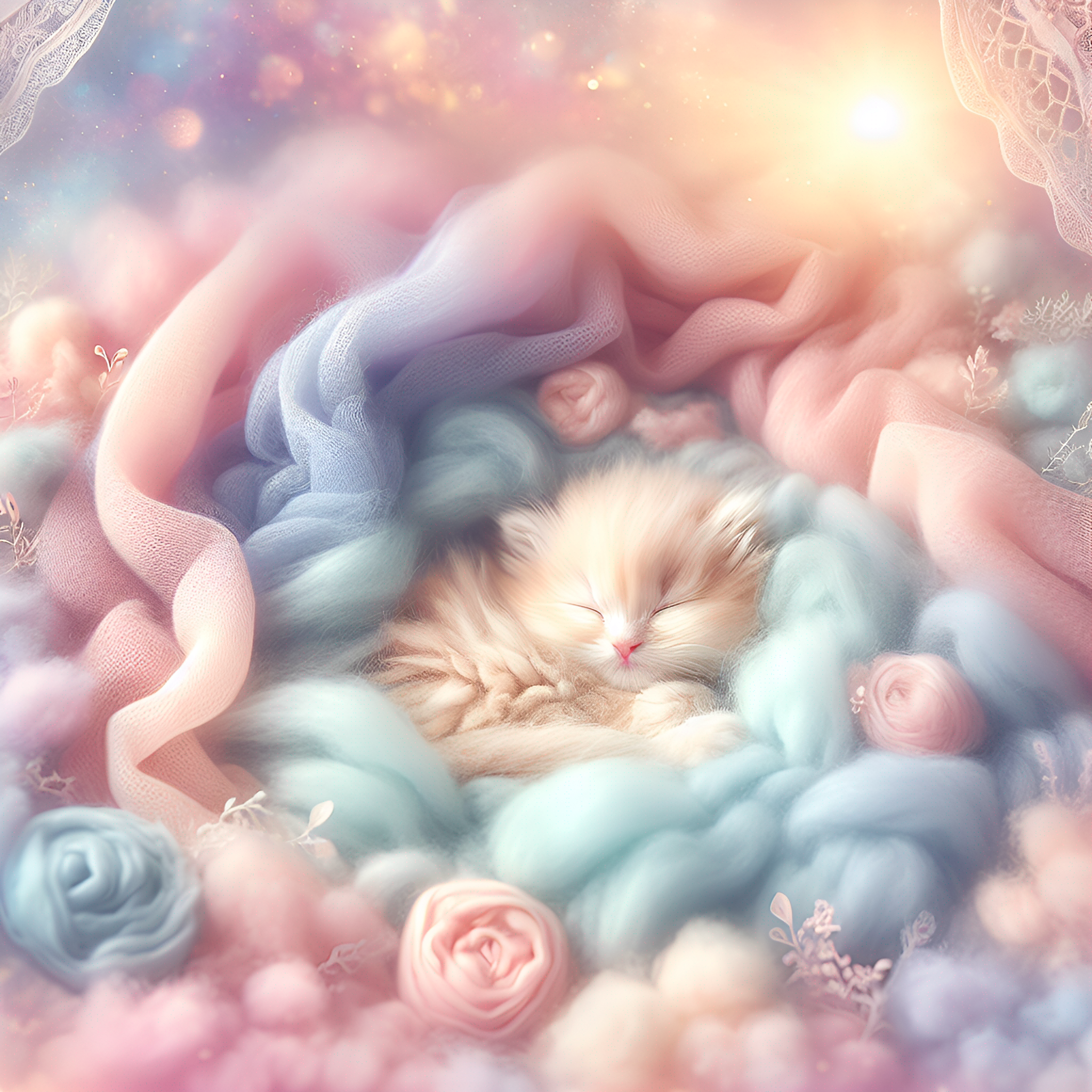 A fluffy kitten curled up on a bed of pastel-colored blankets, surrounded by soft, glowing light.