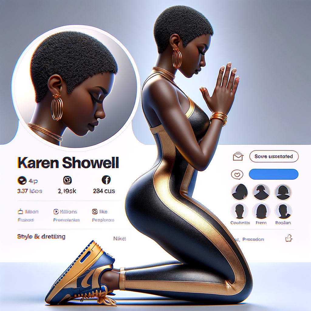 Create a 3D illustration of a realistic light skinned African-American woman on The remote her knees Praying , she has a black pixie cut haircut FACEBOOK social media with a FACEBOOK BACKGROUND . She is wearing a gold and blue jumpsuit and gold and blue Nike gym shoes. The background is a FACEBOOK social media profile with a user name “KAREN SHOWELL ” and profile FACEBOOK Cover