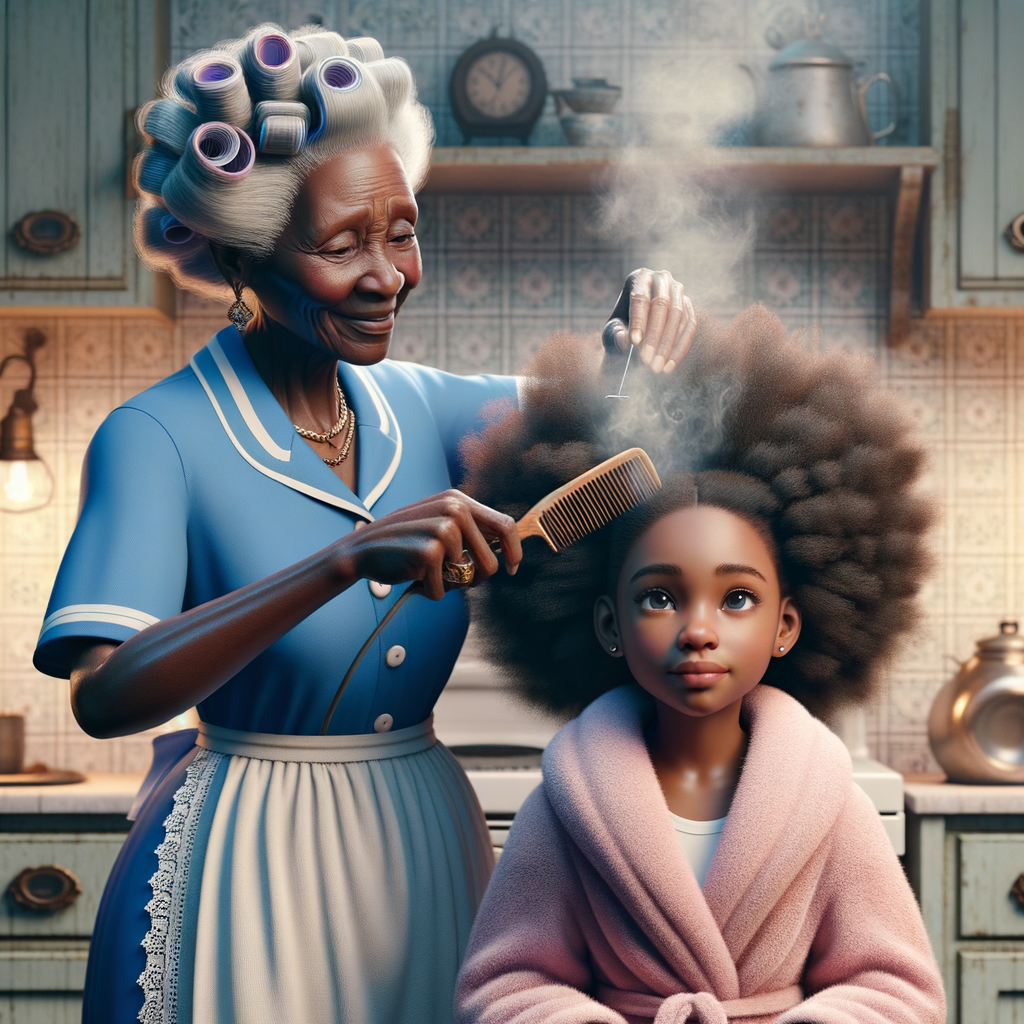 Create a realistic 3-D image of an african-American grandmother wearing a blue house dress and a white apron . She is in the kitchen with her african-American granddaughter. Her granddaughter is wearing a pink bath robe. The grandmother has a hot comb in her hand and she is straightening her granddaughters hair. One side of her granddaughters hair is in  a Afro the other straight 
There is smoke coming from the hot comb
The granddaughter is making a face